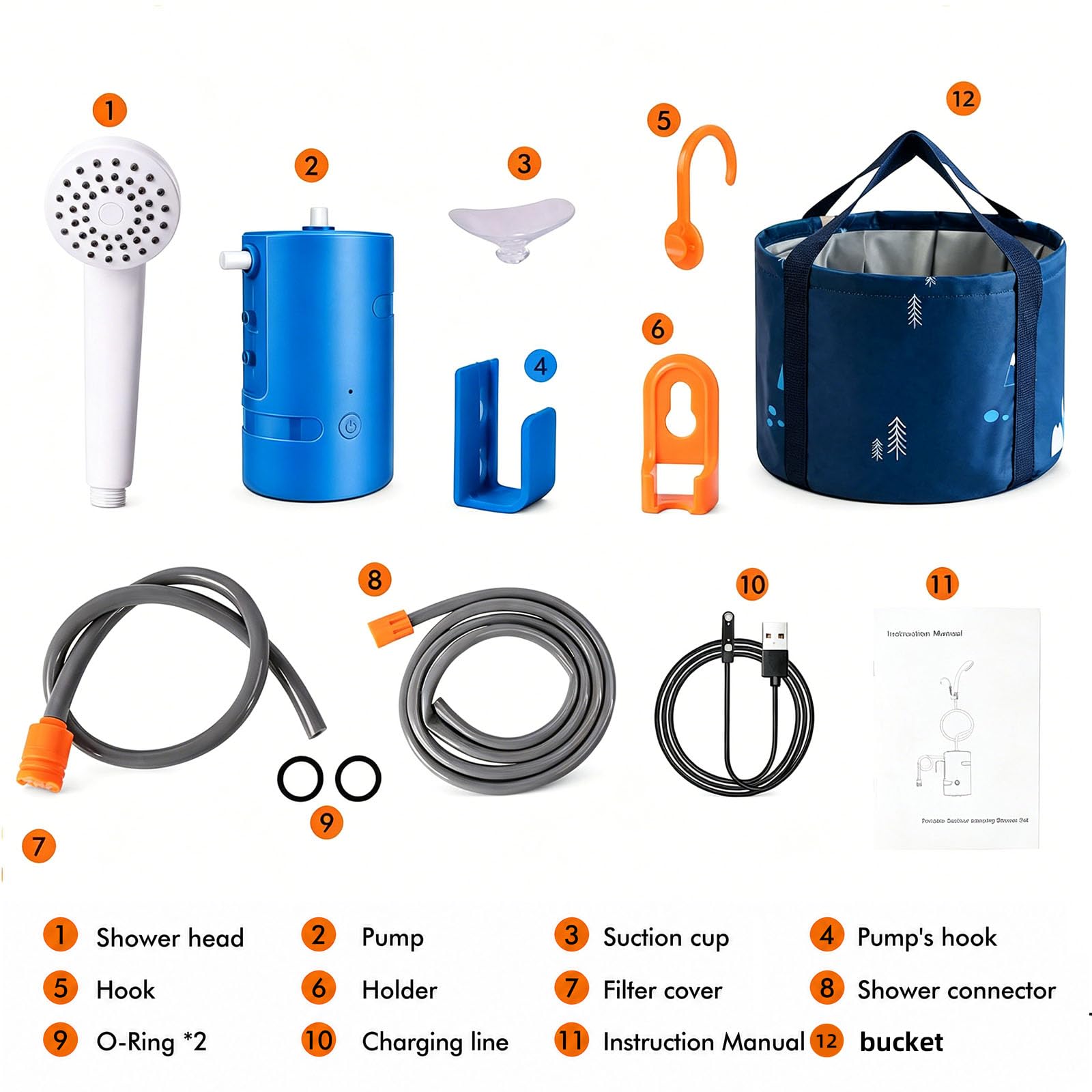 Douche de camping portable, 4400 mAh intégrée, rechargeable par USB, batterie étanche IPX7, pompe de douche + seau pliable pour camping, randonnée, voyage, plage, animaux de compagnie, plein