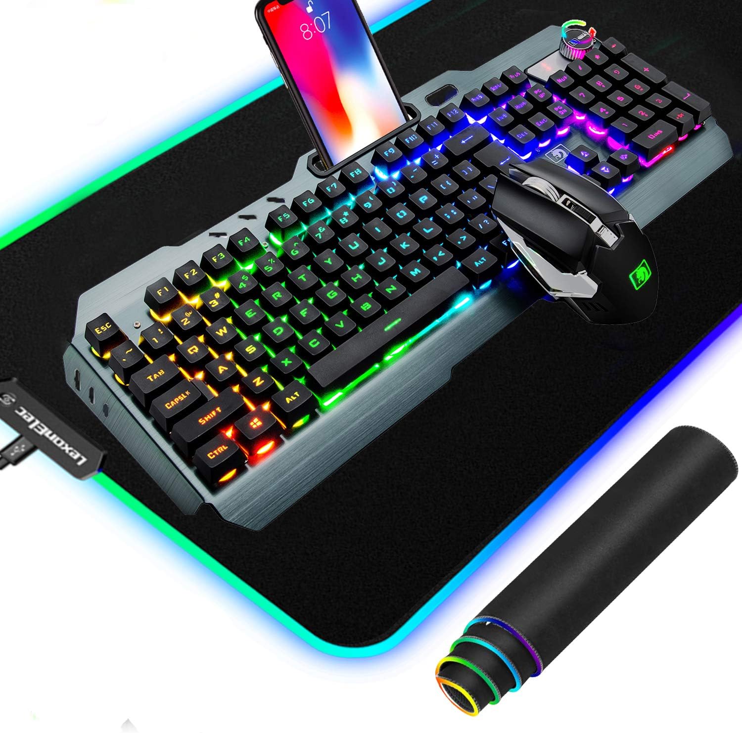 Hoopond Wireless 2.4G Rechargeable Gaming Keyboard and Mouse Set, 3 in 1, 4800mAh, 16 LED Backlit Gaming Keyboard with Knob Contorl+2400DPI 7 Colors Breathing Light Mouse+Large RGB Gaming Mouse Pad