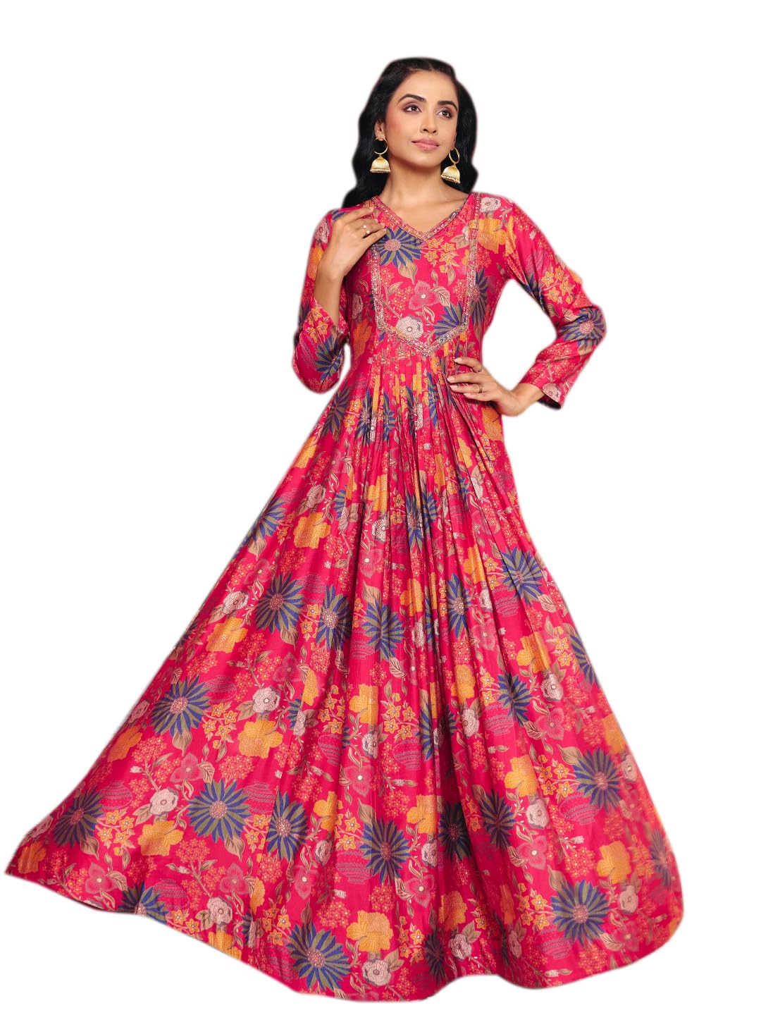 Women’s Vatican Print Flared Anarkali Gown | Embroidered V-Neck Long Dress | Green Festive & Ethnic Wear Gown(M-2606)-image-16