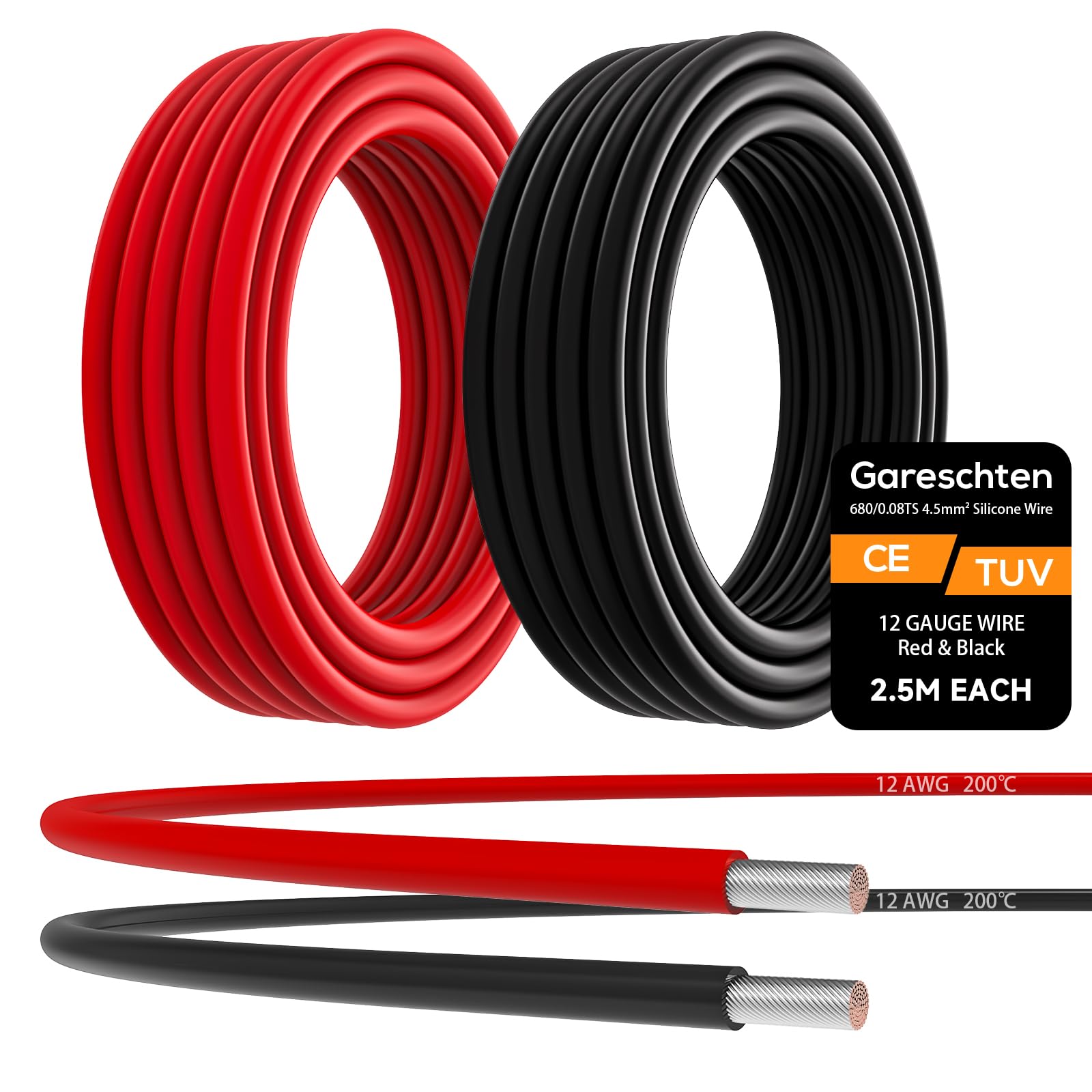 12 AWG Flexible Silicone Electrical Wire Kit (2.5m Red + 2.5m Black), High Temp Resistant Tinned Copper Hookup Wire, Super Soft Stranded Cable for RC Battery, 3D Printer, DIY Electronics