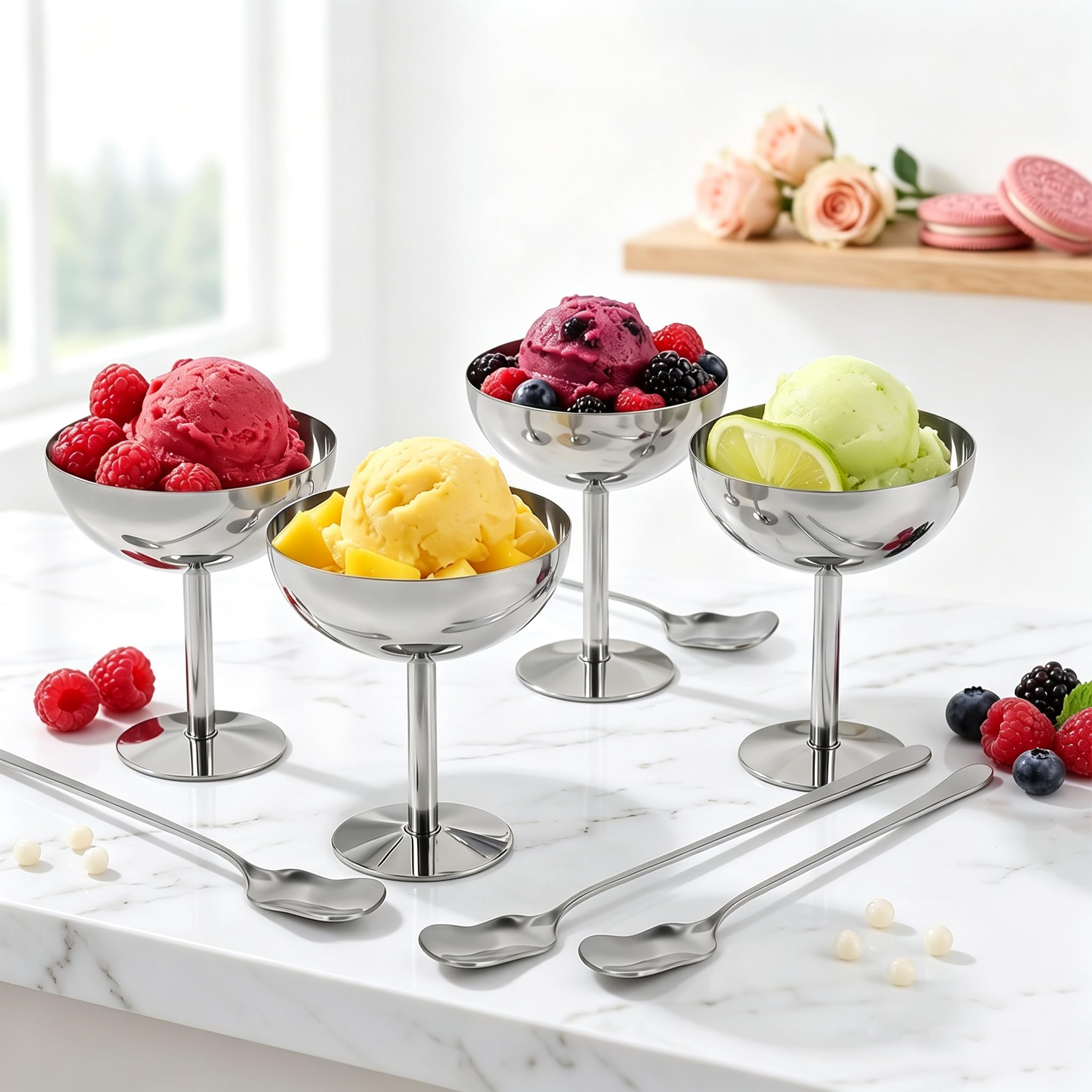 Vurixfo 4 Pack Stainless Steel Ice Cream Sundae Cups with Spoons 200ml