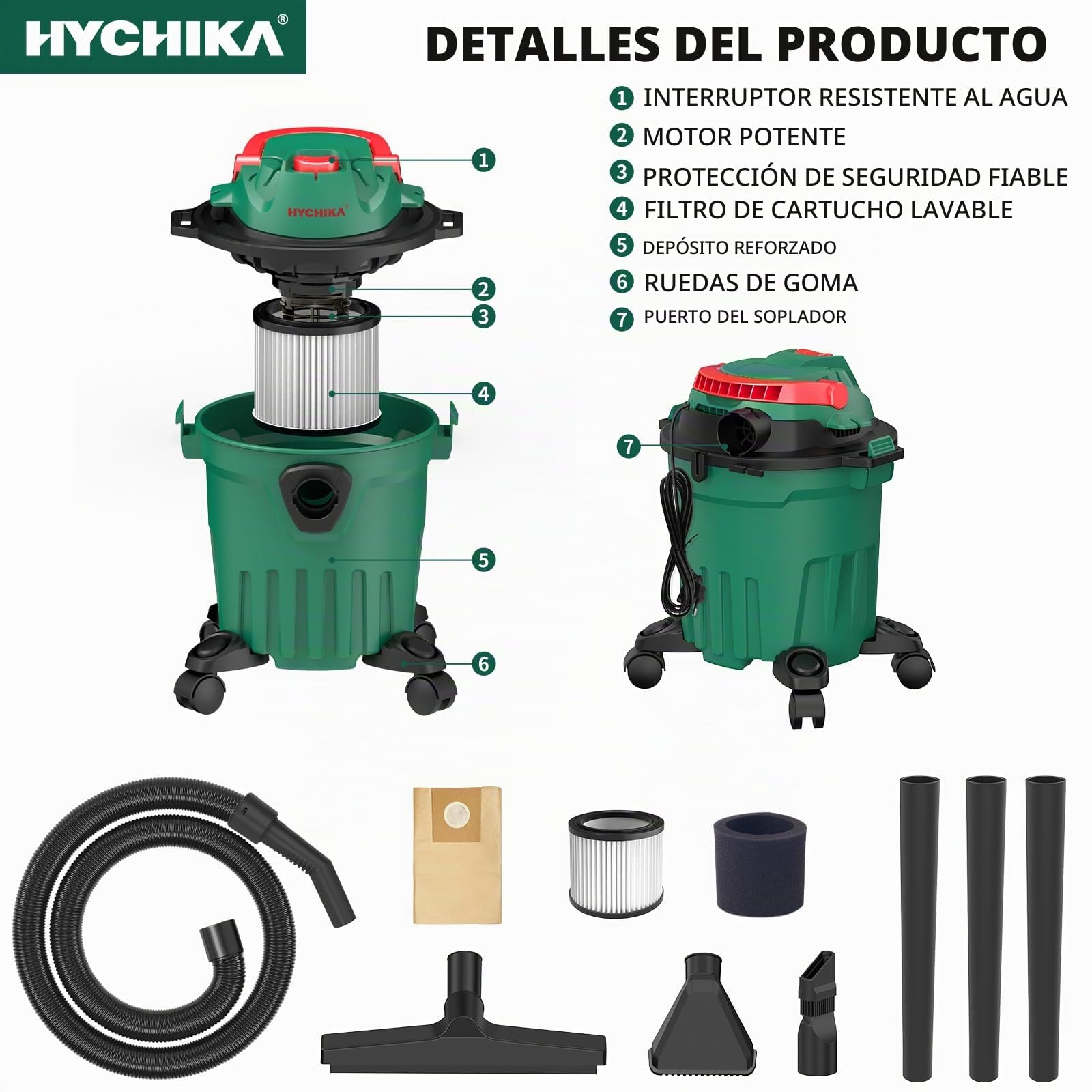 HYCHIKA Aspirador en Seco y Húmedo, 3 in 1 Aspiradora Industrial de 1000W, Lava-aspiradora 12L de Agua con Filtro, para Limpieza Interior y Exterior