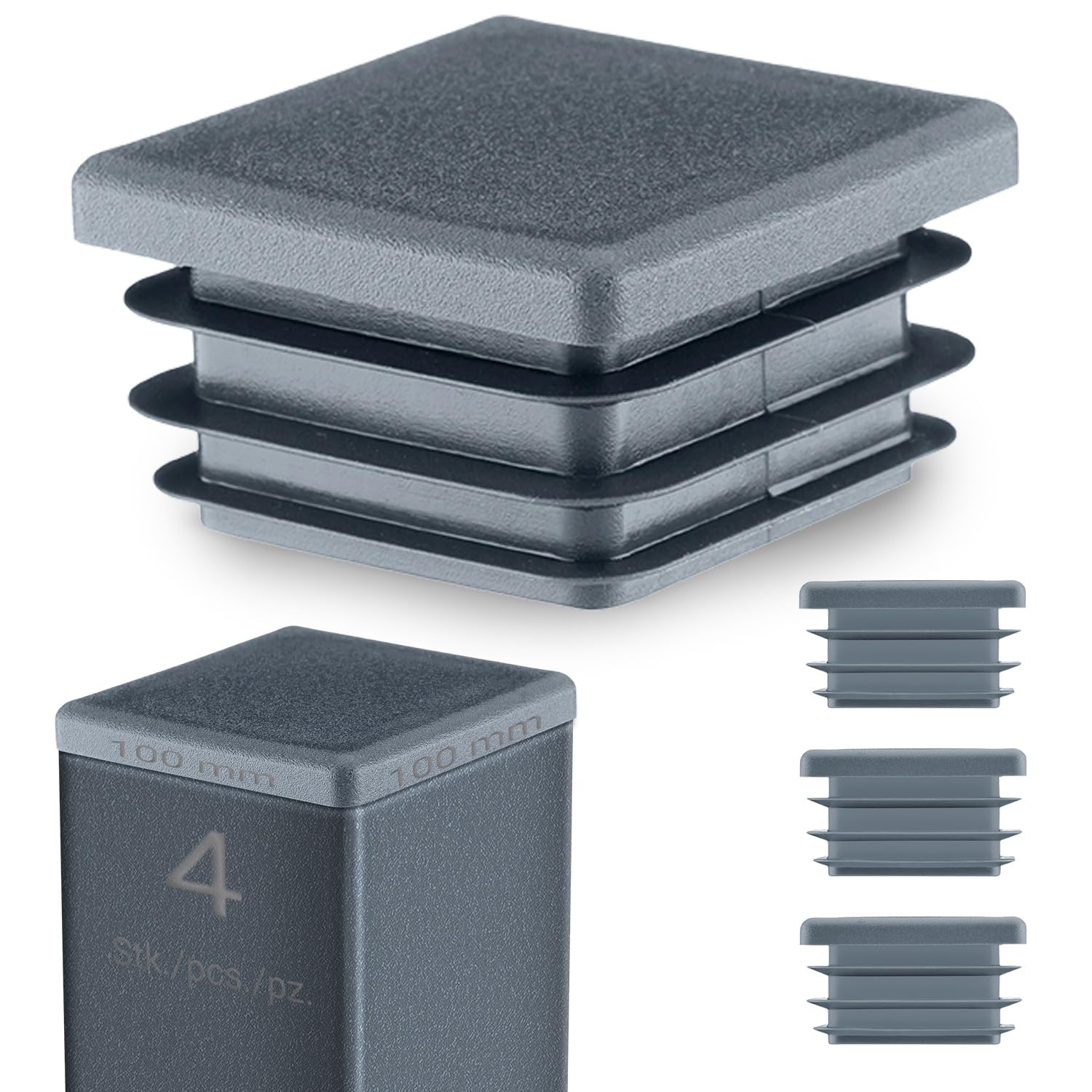 Emfa Anthracite Square End Caps 100X100 Mm – Plastic Tube Inserts For Steel Box Section – Tube Plugs – 4 Pcs