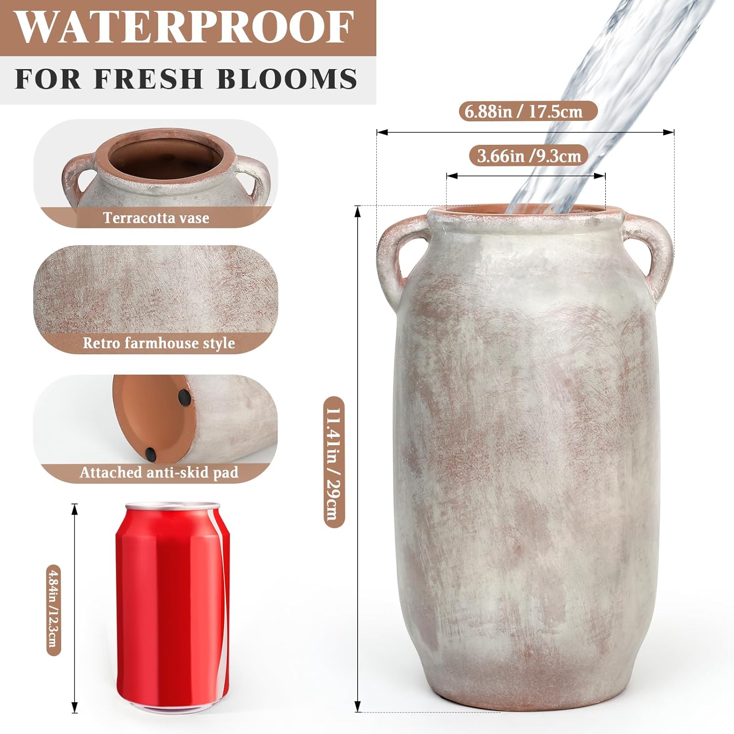 11.5 Inch Tall Ceramic Flower Vase with Handle, Terracotta Farmhouse Rustic Decor | Waterproof Table Centerpiece for Living Room, Kitchen Shelf & Dining Table | Vintage Pottery Home Decoration