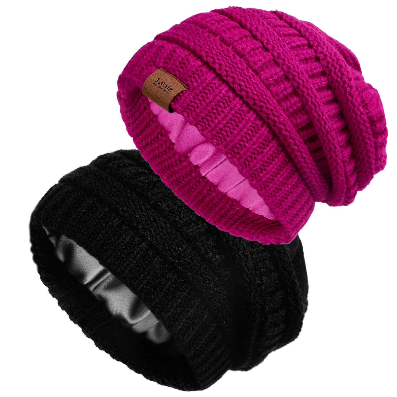 2 Pack Satin Lined Knitted Beanie Hats for Women