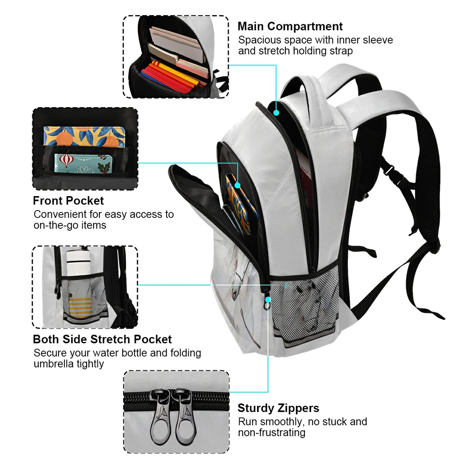 Rucksack mit weißem Pferd, für Studenten, Jungen, Mädchen, Schultasche, Reise, Tagesrucksack, Rucksack