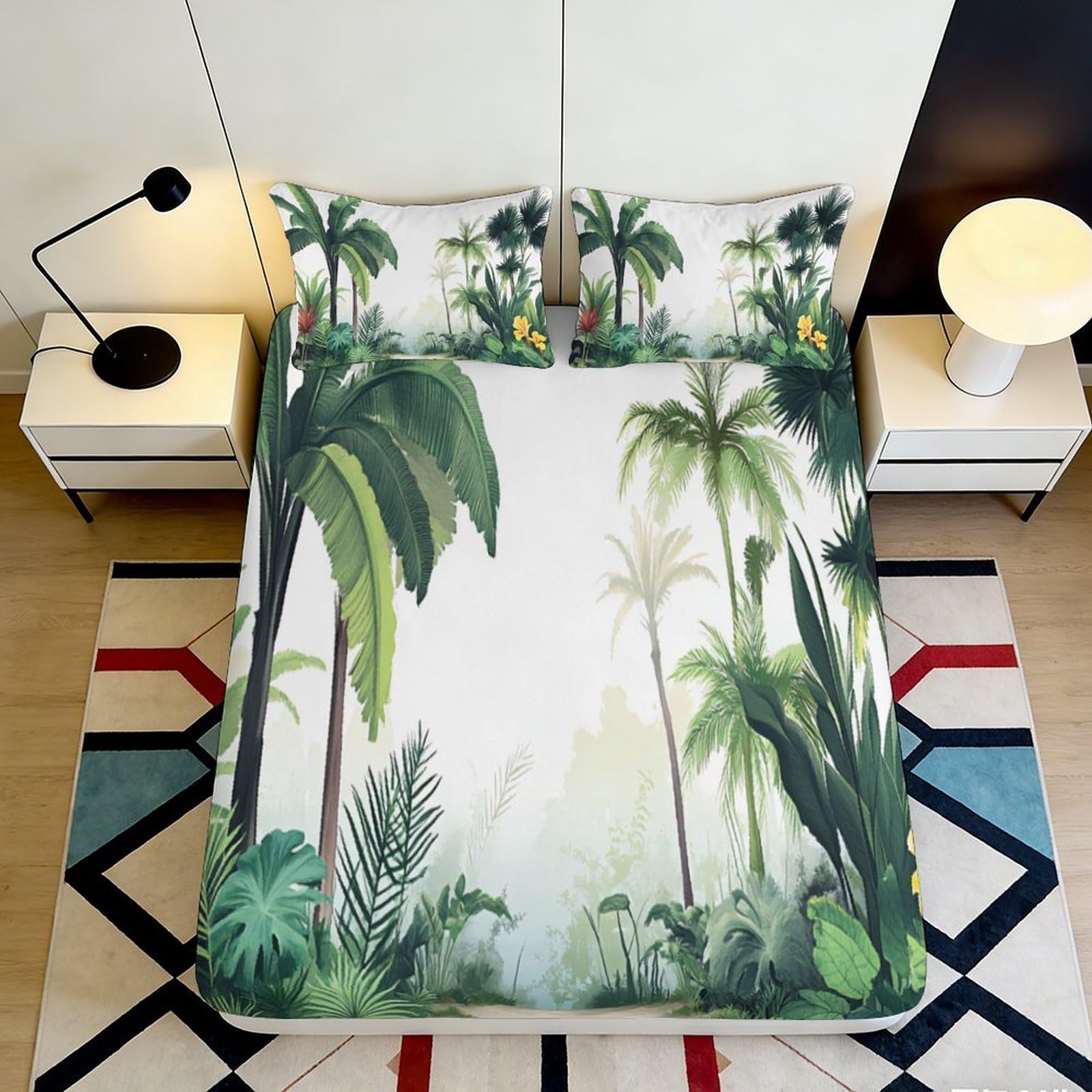 3D Printed Tropical Palm Trees Fitted Sheet Microfiber Soft Breathable Jungle Leaves Bed Cover for Bedroom Dormitory Guest Room Mattress Protection Decor 160x200x25cm