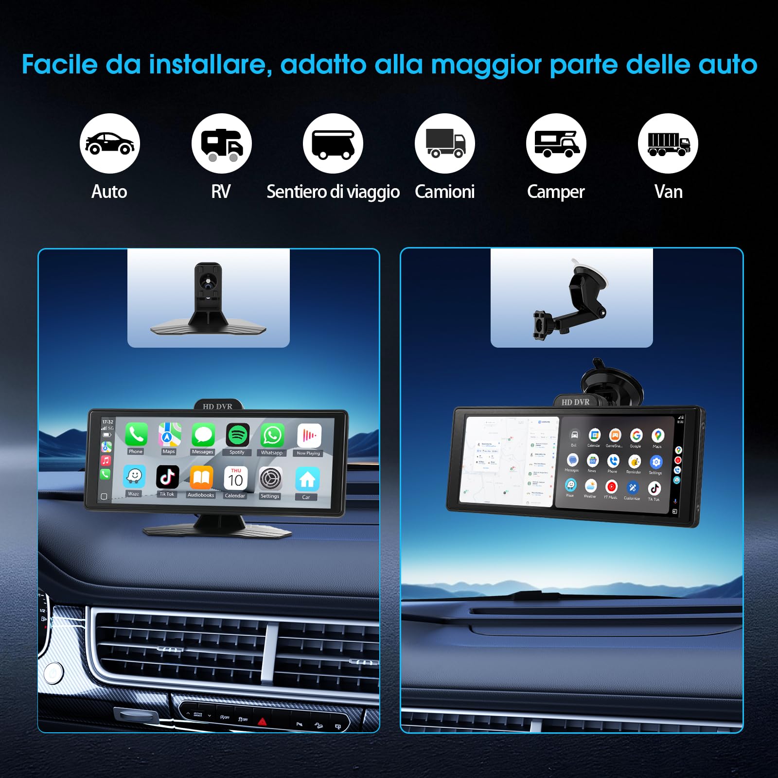 Haudio Autoradio Portatile 10,26 Pollici con Apple CarPlay e Android Auto Wireless, 2K DVR 1080P Fotocamera Anteriore e Posteriore, Controllo Vocale, Radio AUX/FM, Scheda TF 64G Per Tutte le Auto