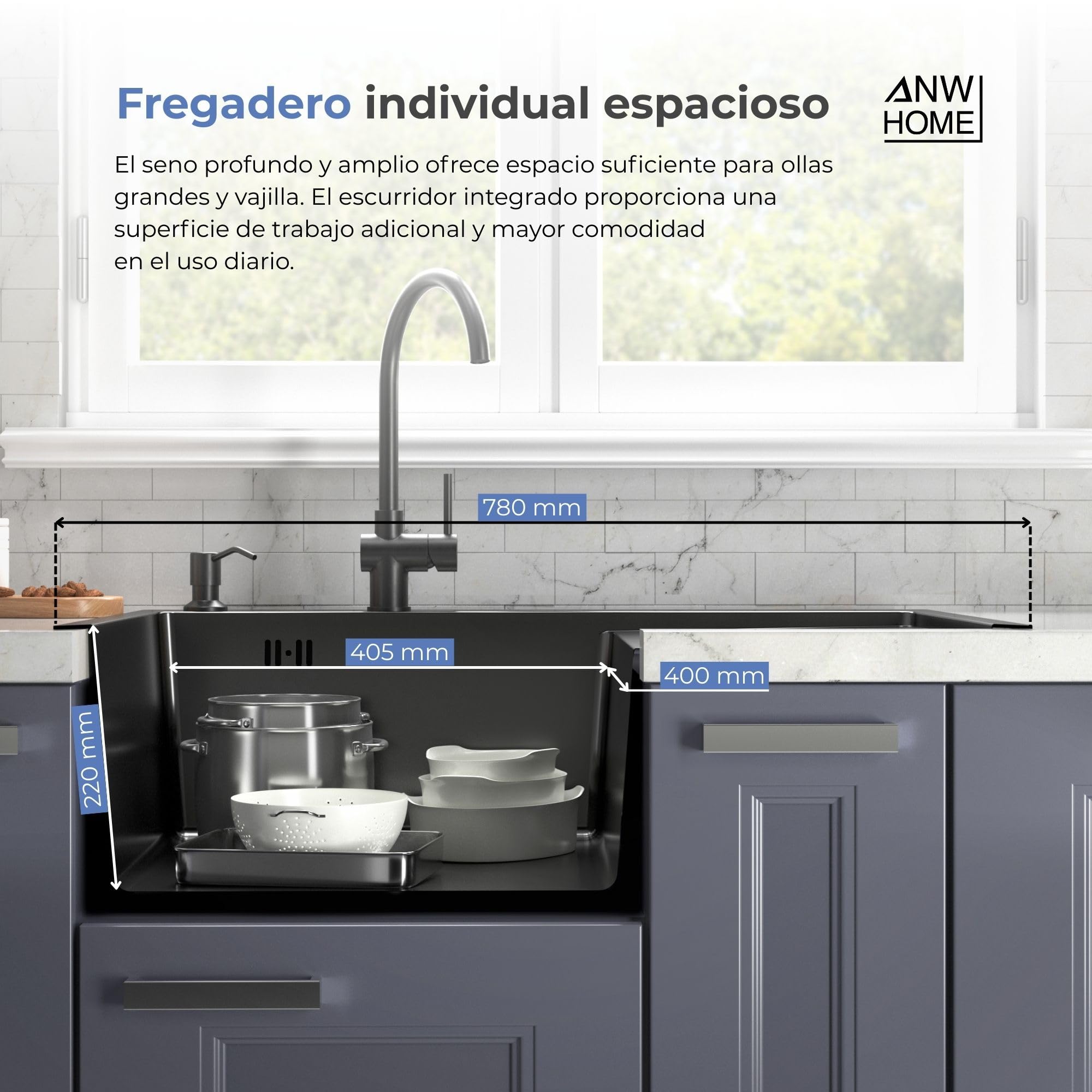 ANW HOME Fregadero Cocina 1 Seno Sobre Encimera con Escurridor, Acero Inoxidable 304, 78x50 cm, Grafito PVD, Acabado con Nano-Revestimiento, Grosor 3.0+1 mm, 22 cm, con Sifón, Dosificador y Cesta