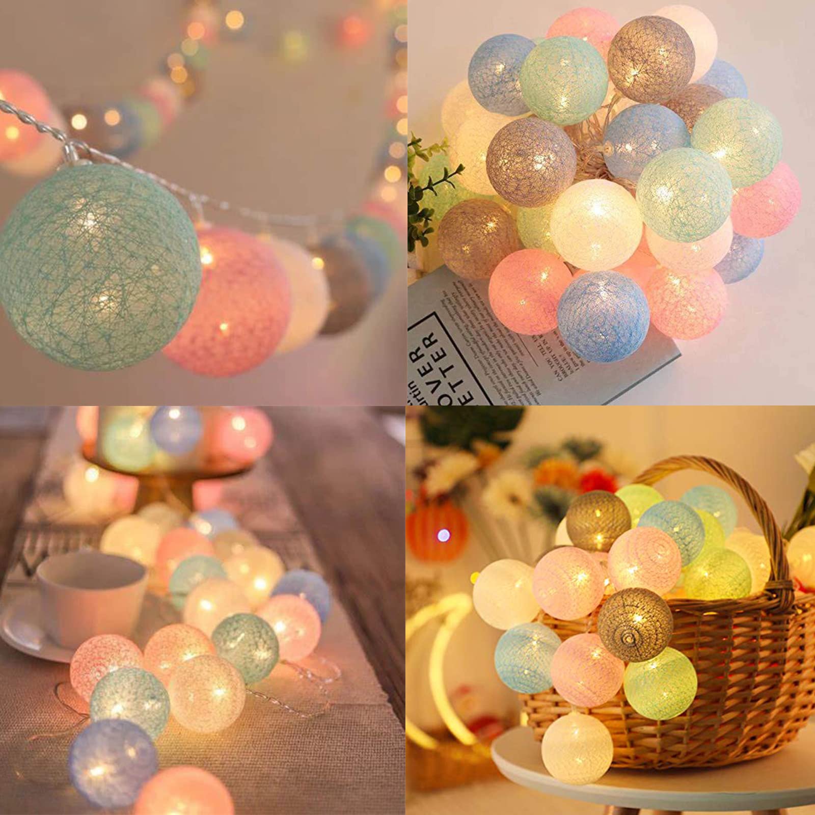 Ciskotu Guirlande Lumineuse Coton Boules Alimenté par pile, 20 LED Dimmable Guirlande Lumineuse Boule avec Télécommande, LED Guirlande Boule Lumineuse Intérieur pour Chambre Enfant Noël Fête (Macaron)
