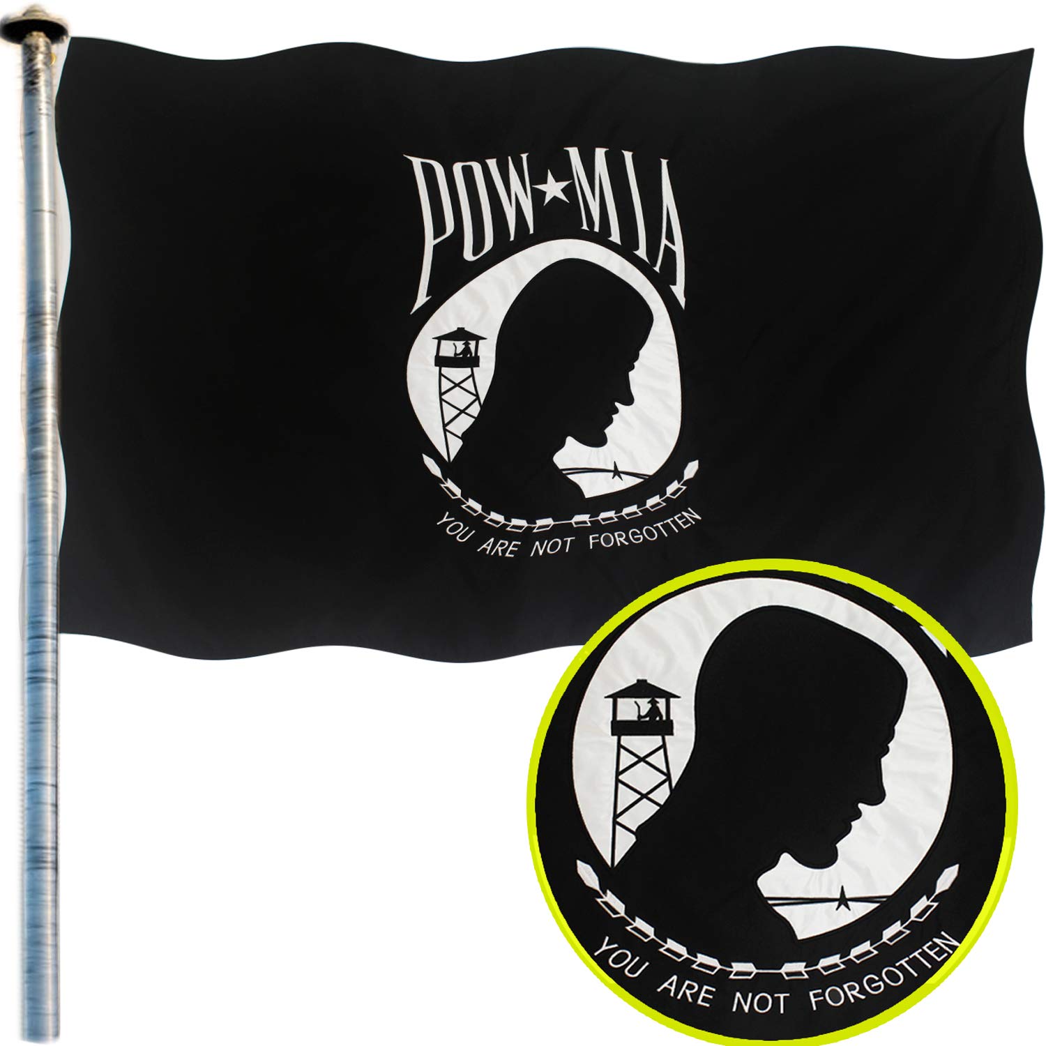 POW MIA Flag 3x5 Ft Premium Embroidered US Flags-UV Protected US Military POW Flags for Outdoor Decor (Pow Mia Flag 3x5)
