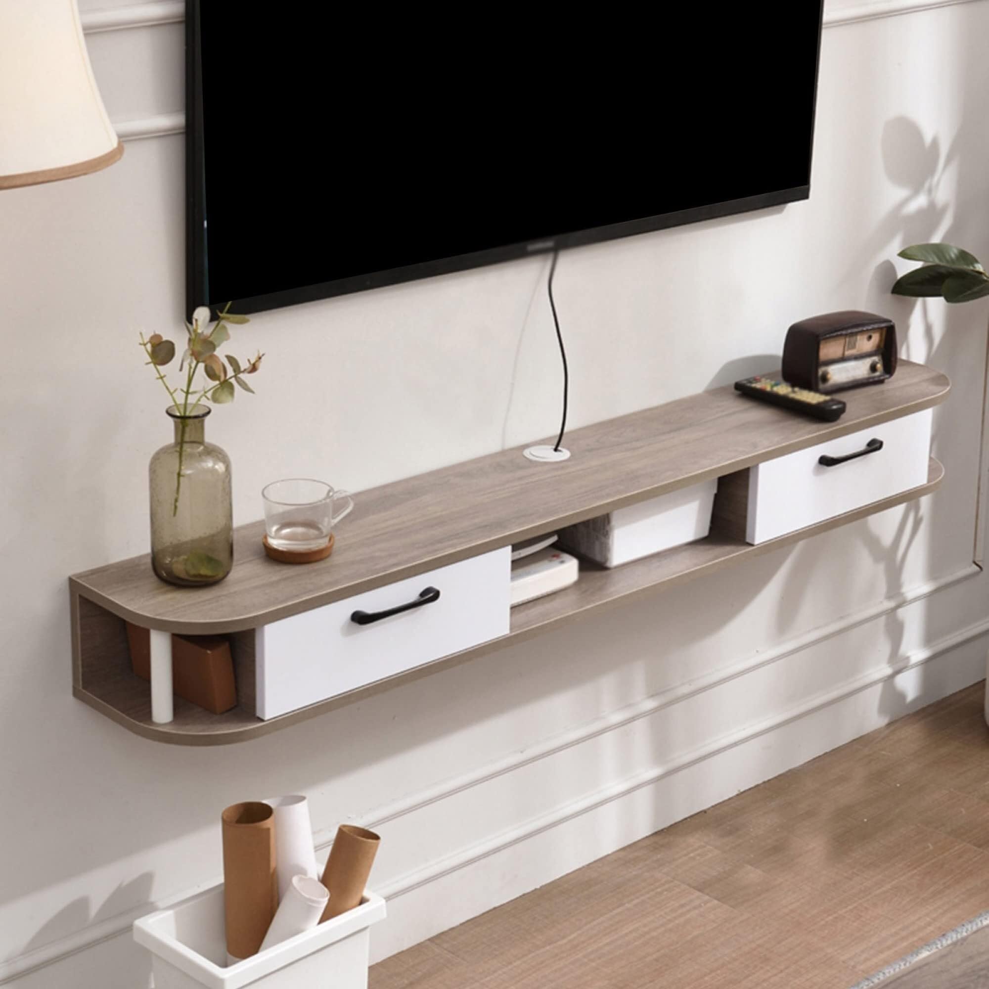 Meuble TV mural suspendu gris et blanc 120cm pour petit salon moderne