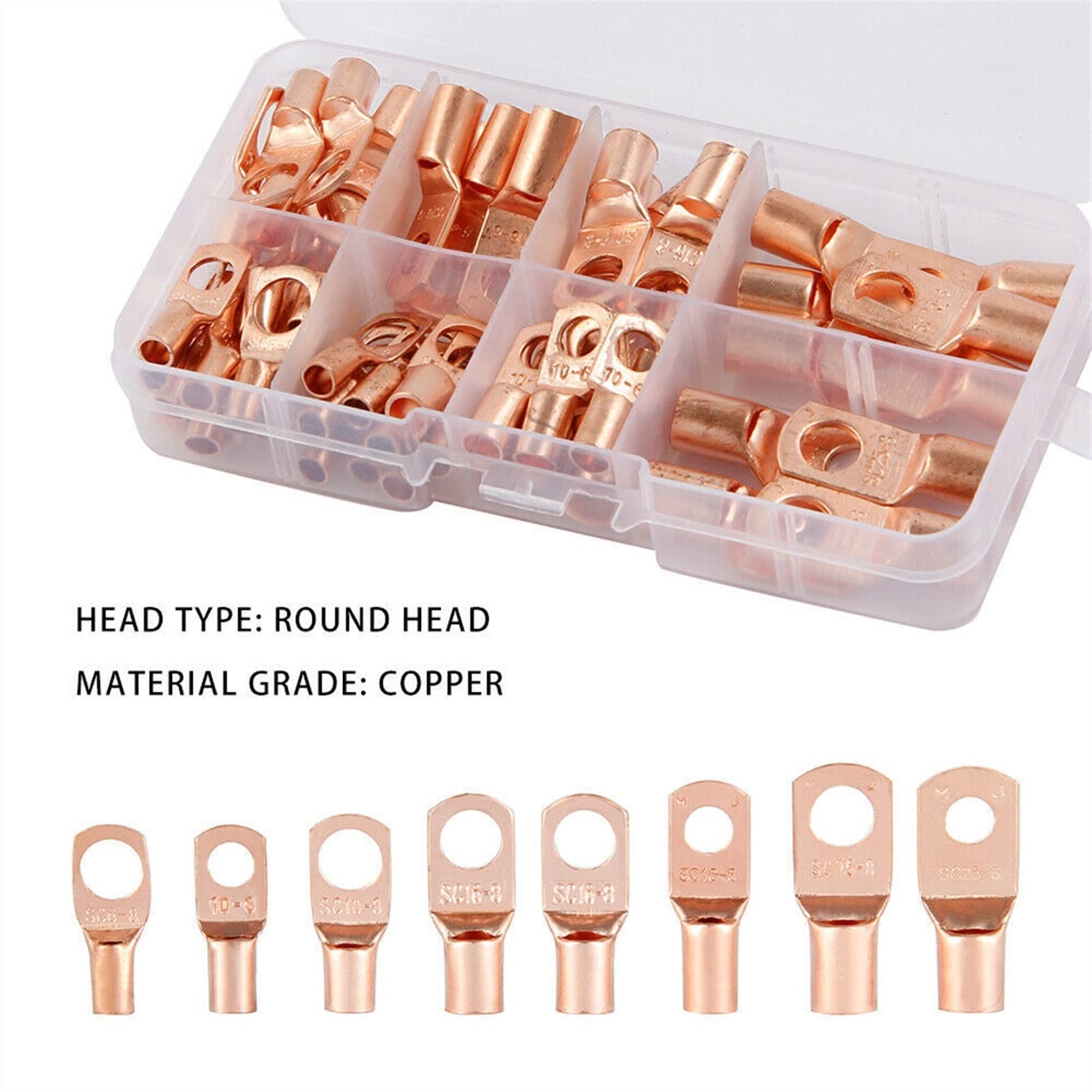 Ringkabelschuhe, Kupfer-Kabelschuh-Drahtverbinder, 60-teiliges Sortiment, Auto, HX-50B Crimp-Werkzeuge, Kabelschuhe, Sechskant-Crimp-Schneidezange(Red Bronze)