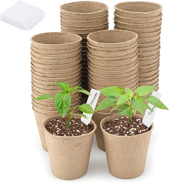 KINGLAKE 100 Pcs 6cm Fibre Seed Pots Biodegradable Plant Pots Small Seedling Pots with 100Pcs Plastic Plant labels 1x5cm