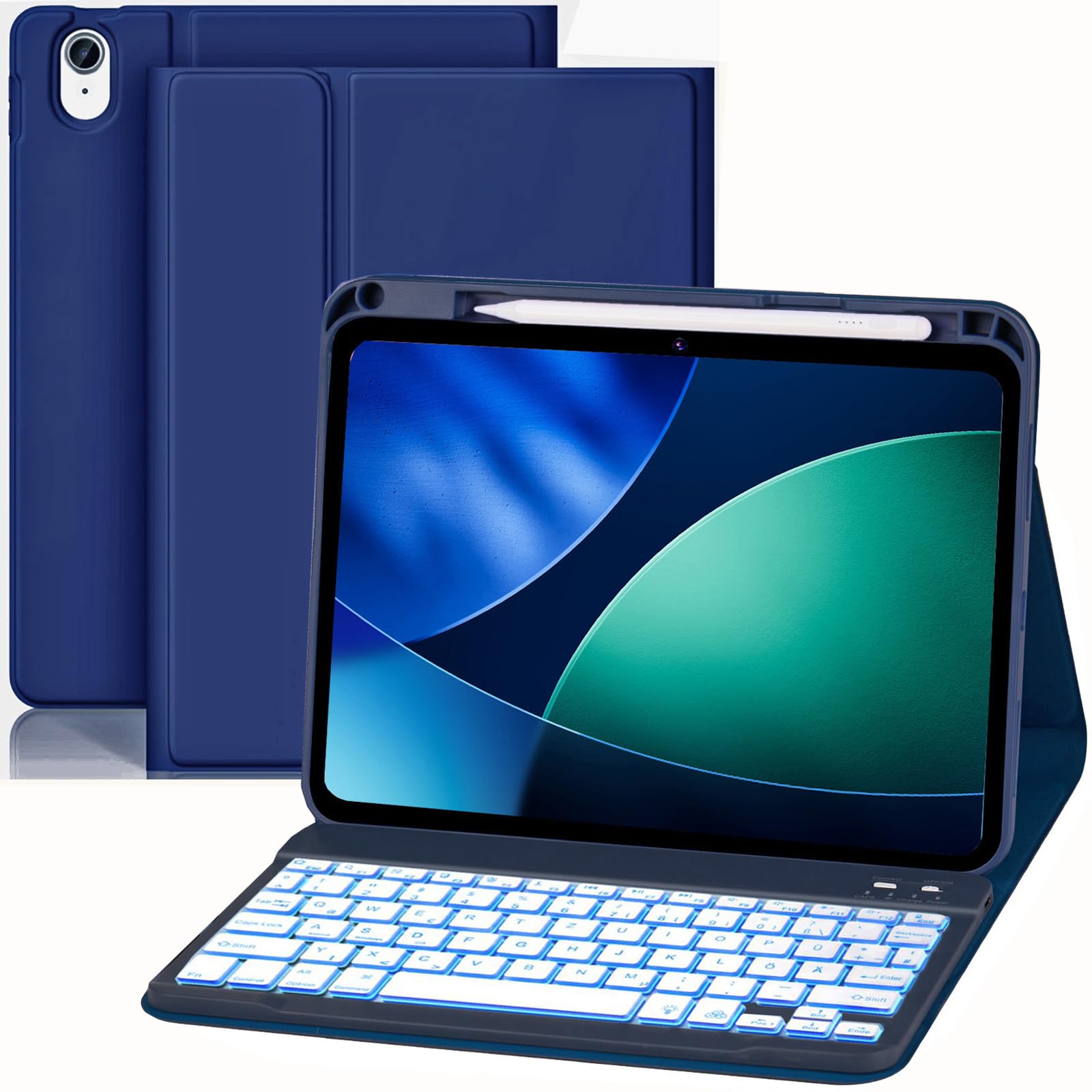 Hülle Tastatur für iPad (A16) 11./10. (2025/2022), (11/10.9 Zoll) - QWERTZ, 7 Farben Beleuchtete, Magnetische Abnehmbar Bluetooth Tastatur, Soft TPU Rückseite Gehäuse mit Stifthalter (Dunkelblau)