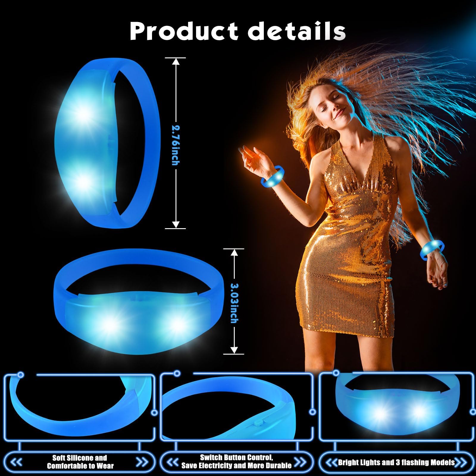 60 braccialetti a LED che attivano il suono, braccialetti luminosi con controllo della musica stroboscopica a LED lampeggiante, braccialetti luminosi per feste per il 4 luglio, Halloween