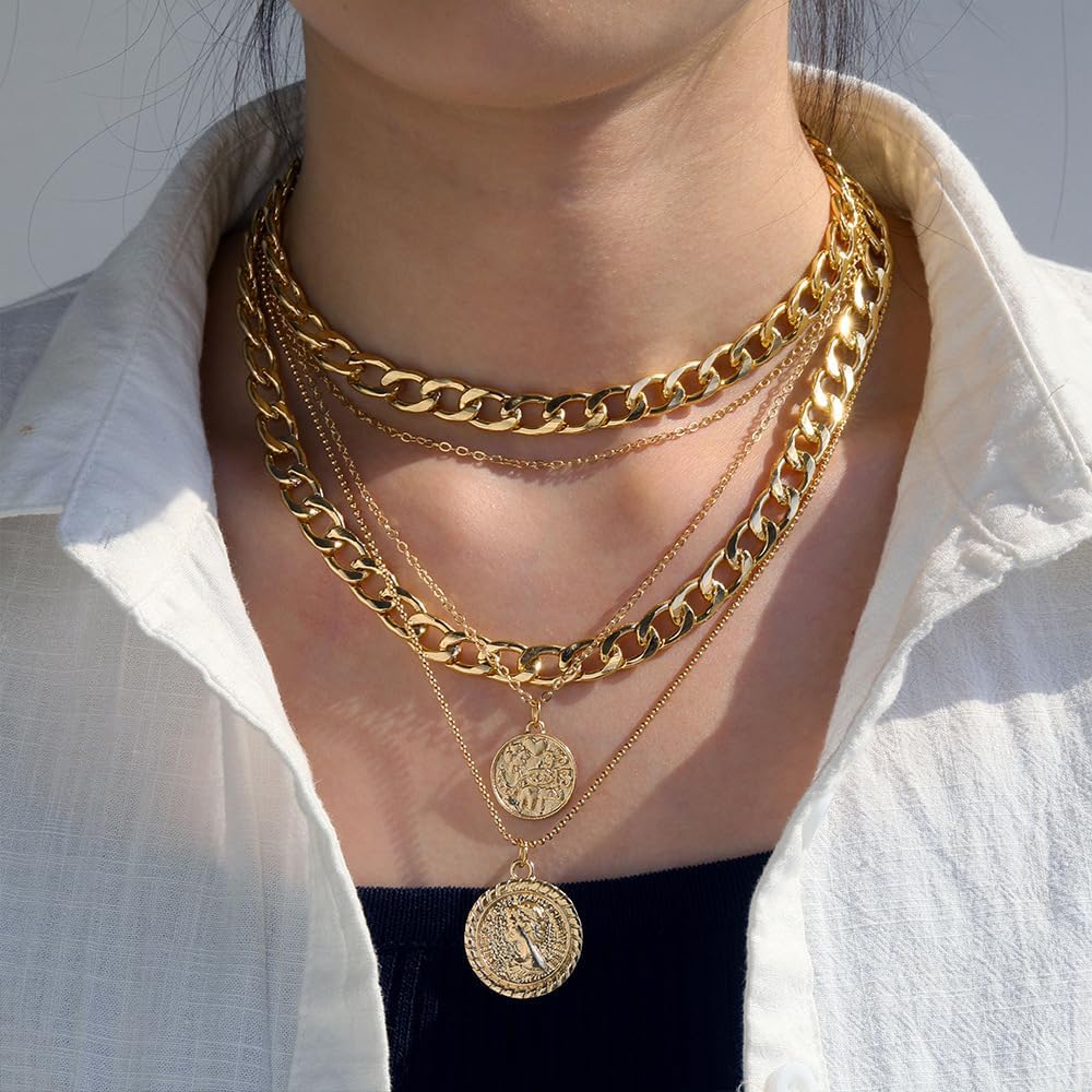 Gold Pirate Necklace for Women Vintage Gold Coin Necklace for Women Chunky Layered Chain Necklaces Cross Pendant Necklaces Halloween Costume Accessories Pirate Jewelry - Image 2