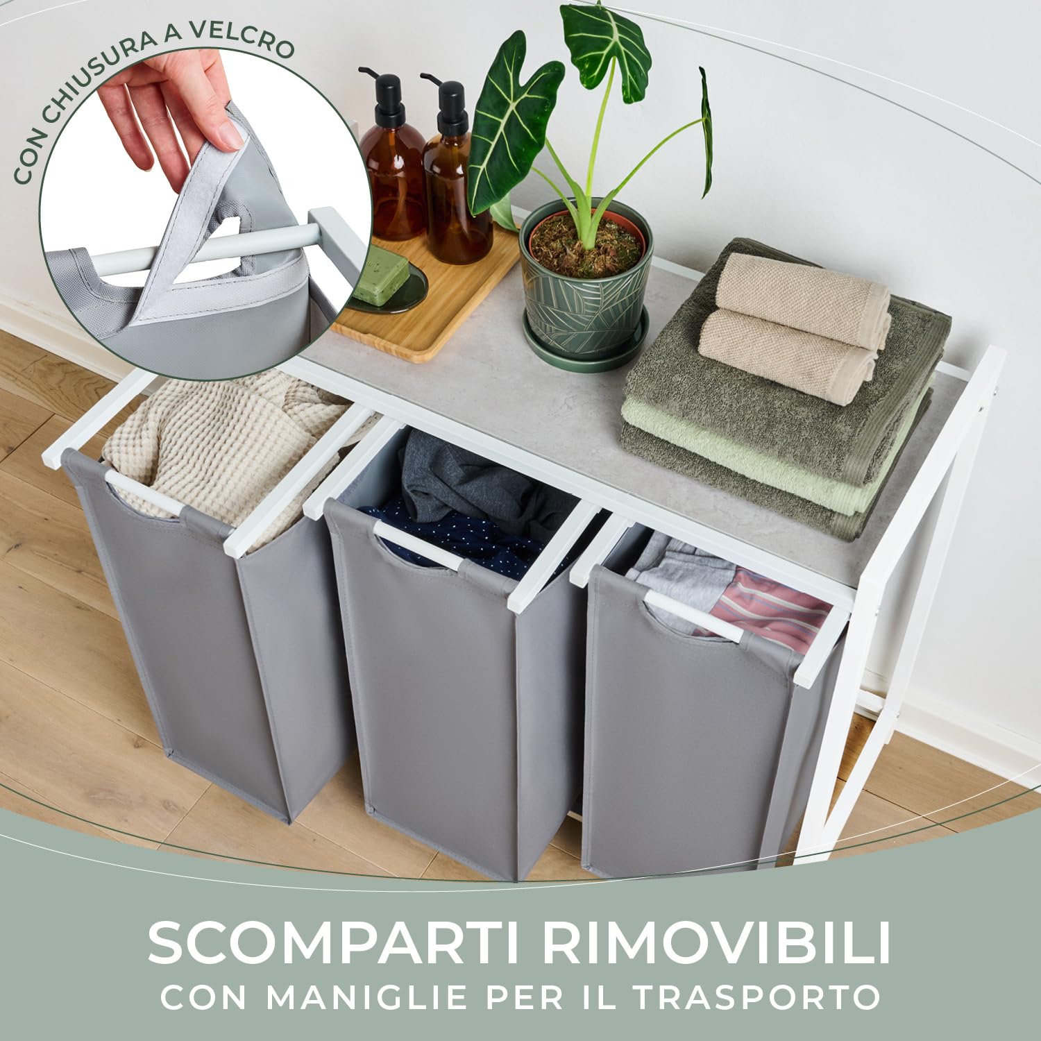 Blumtal cesto biancheria sporca 3 scomparti in grigio per organizzare - cesta portabiancheria design scomparti estraibili con ripiano superiore in materiale effetto cemento - struttura in metallo nero