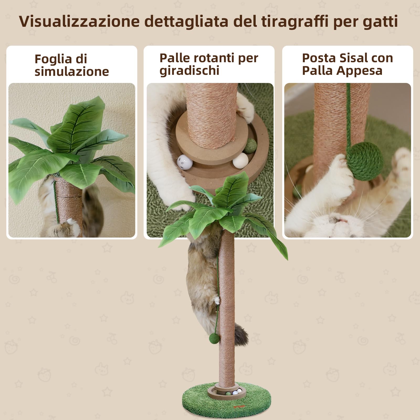 Meowoou Tiragraffi per Gatti, Alto 84 cm con Corda in Sisal per Gatti Da Interno Adulti Graffiatoio in Carino per Gattini Verde Palo, Dotato di Pista con Palline