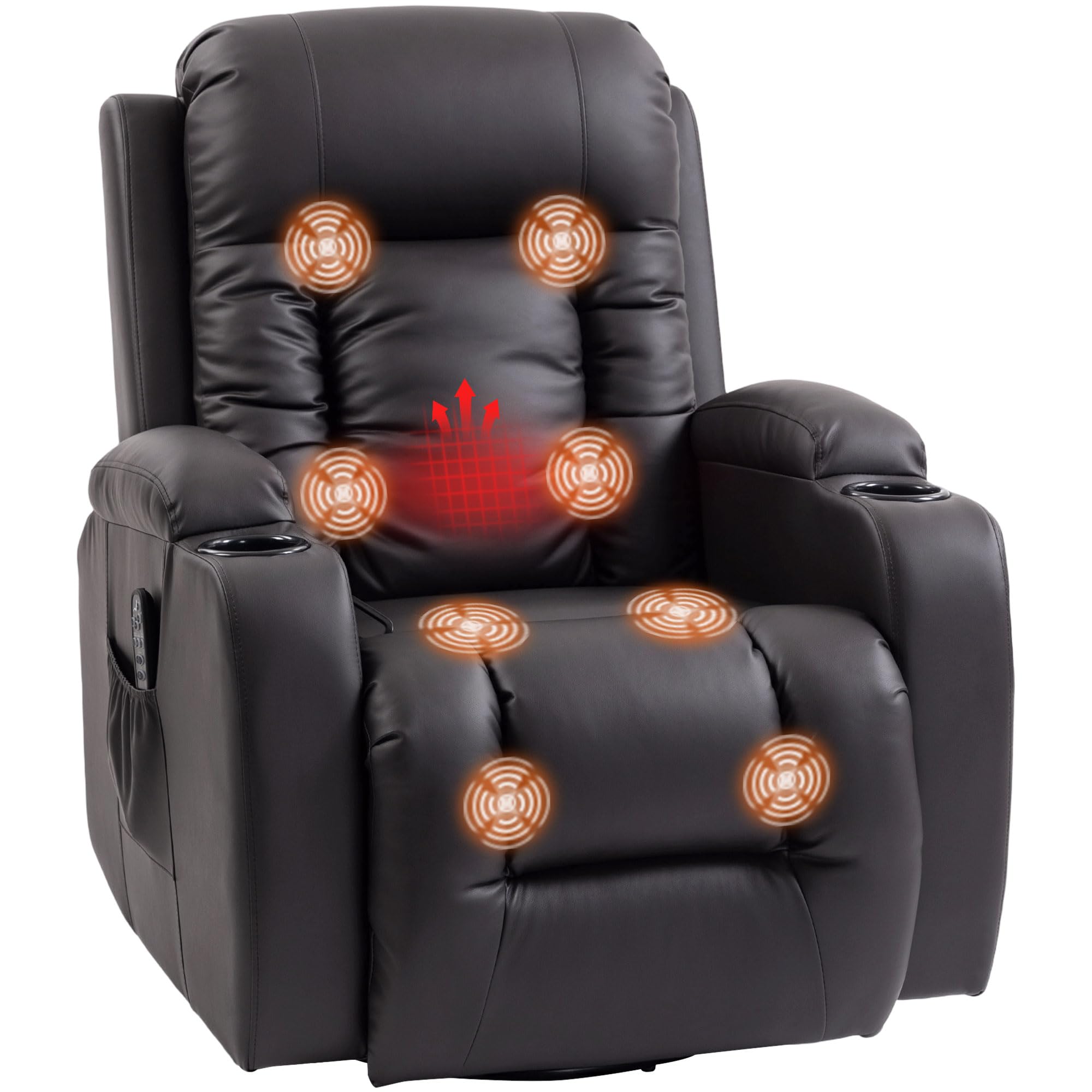 HOMCOM Sillón reclinable Ajustable con calefacción, Marrón Oscuro | Sillón de masaje, TV giratorio con mecedora, portavasos, bolsillo, temporizador, cuero sintético, para salón