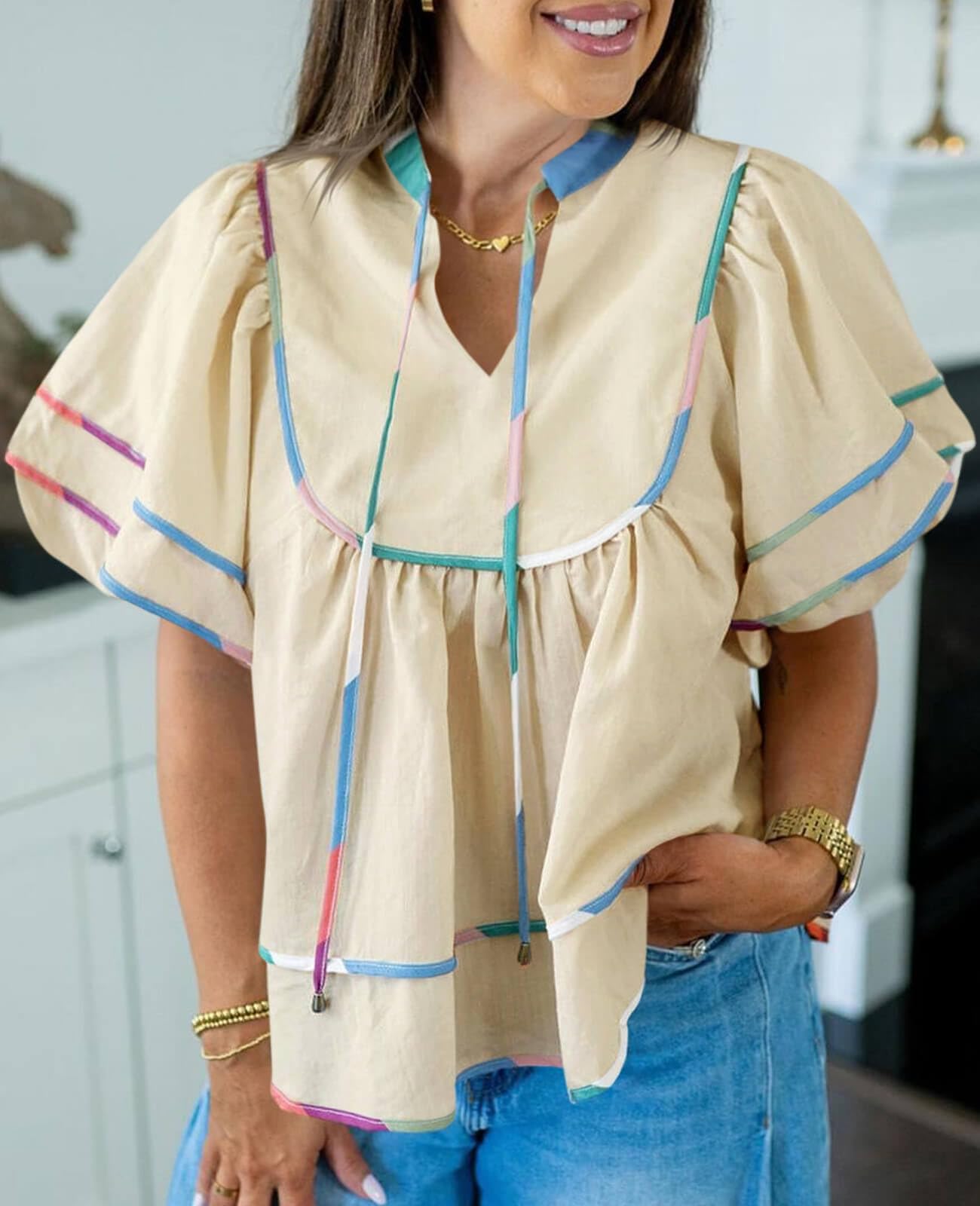 Cicy Bell Nuisette d'été à manches courtes et col en V pour femme | Décontracté tendance, manches bouffantes, haut péplum, coupe ample