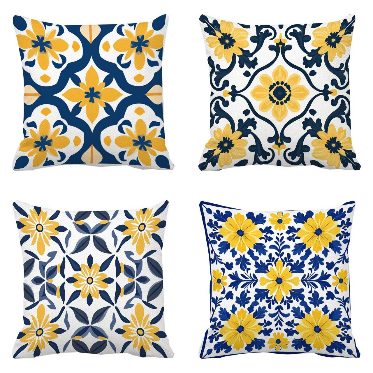 Housse Coussin 45 x 45 cm Lot de 4 Coussin Canape Rural Bleu Decoration Canapé d'extérieur, avec Fermeture éclair Caché, Imperméable Lin Coussincarré pour Extérieur Maison Chaise Jardin Salon m-486