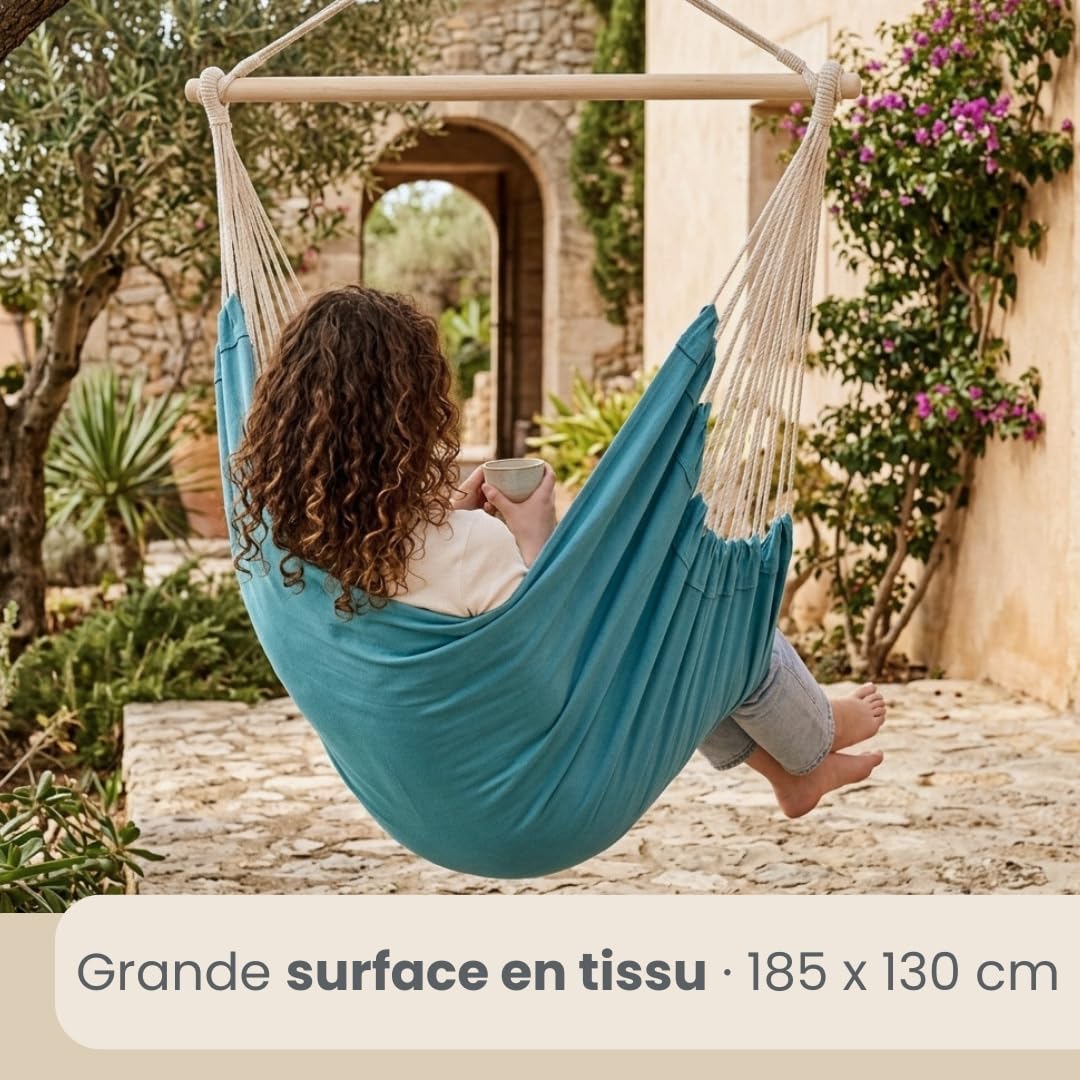 AMANKA Fauteuil Suspendu XXL en Coton pour Deux Personnes - 185 x 130 cm - avec Bascule Pivotante 360° - Siège Aérien - Charge Maximale 150 kg - Accessoire de Relaxation Interieur et Exterieur