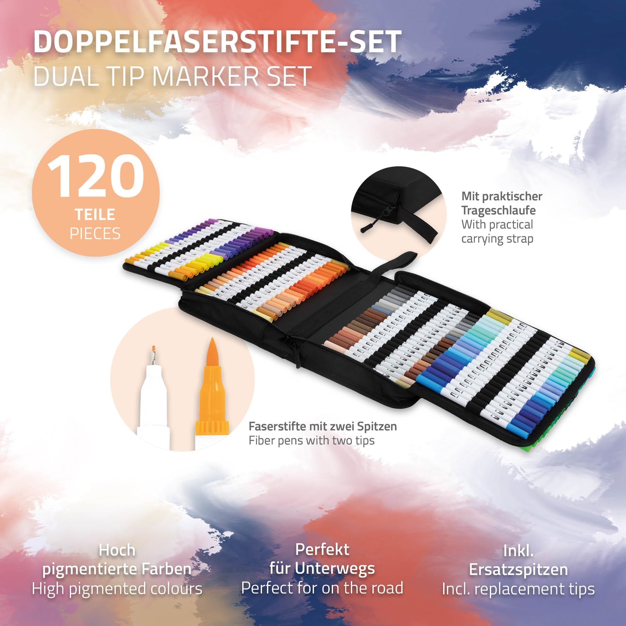 ECD Germany Juego de 120 Rotuladores Finos y Gruesos para Niños y Adultos Doble Pincel con Base de Agua para Caligrafía y Manga Set de Dibujo y Pintura Profesional en Estuche portátil con Cremallera