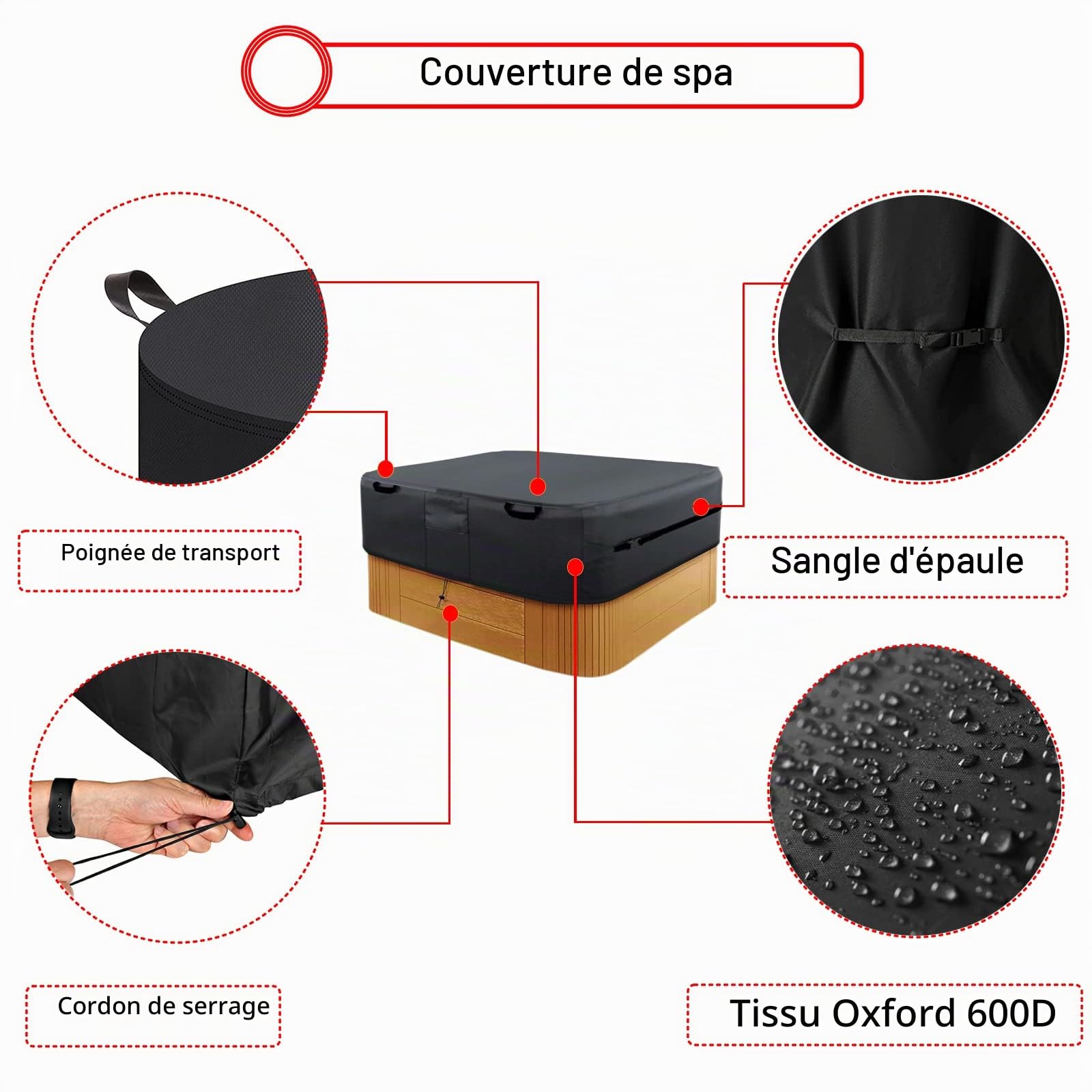 Bache Spa ImperméAble, 600D Couverture Spa, Housse De Protection pour Bain à Remous Étanche à la poussière et aux UV Coupe Vent - Noir (240 * 240 * 85cm)