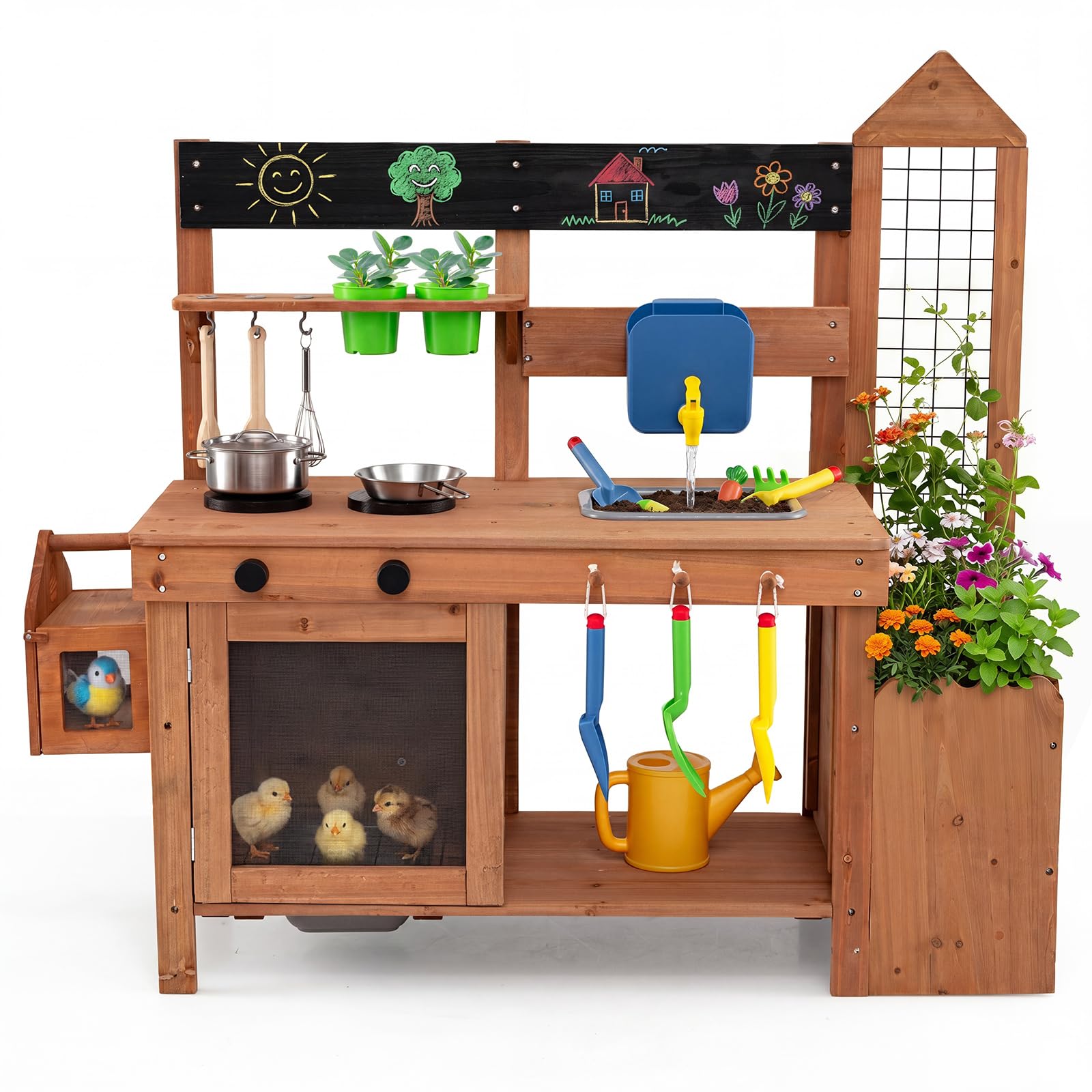 COSTWAY Matschküche Kinder Outdoor, Spielküche mit Wassertank & Wasserhahn | Kinderküche mit Spüle, Vogelkäfig, Pflanzkasten, Spalier, Blumentöpfen, Gartenspielzeug & Kochzubehör, Gartenspielküche