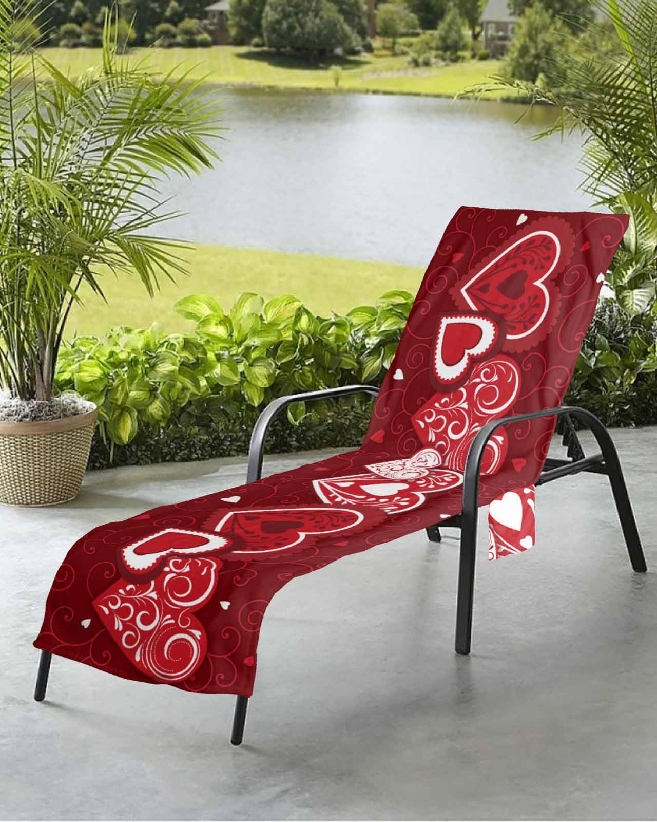 Valentine Botanical Love Beach Chair Towel Covers for Chaise Lounge with Side Pocket, Soft Plush Pool Towels Cover for Patio Sunbathing Outdoor 29''x85'' Valentine's Day Luxurious Heart