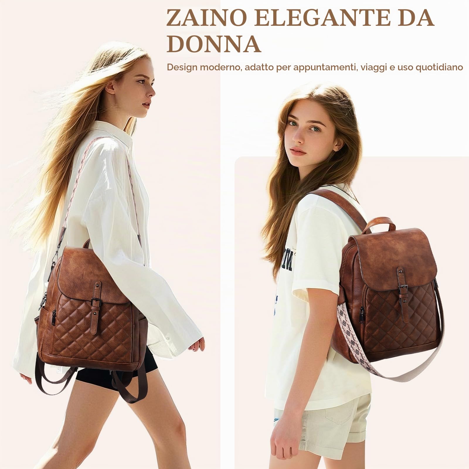 Chase Chic Borsa Zaino Donna, Zaino Antifurto Elegante Zaino Casual in Pelle Borsa a Tracolla Impermeabile per Scuola Viaggio Lavoro Shopping, Marrone
