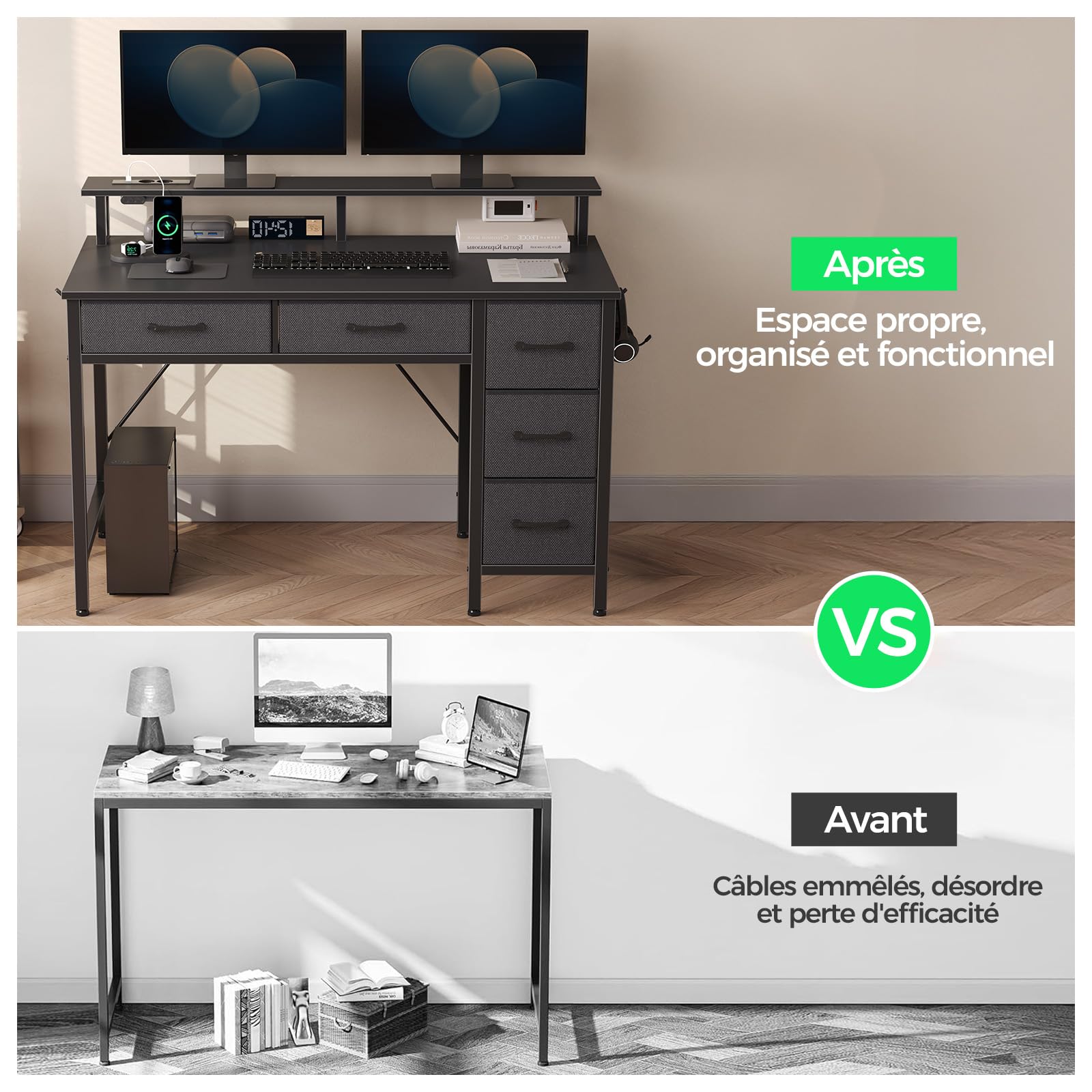 Seventable Bureau Gaming 100 cm avec LED RGB, Prises & Ports USB, Support Écran — Bureau avec Rangement et 5 Tiroirs en Tissu, Bureau Informatique pour Chambre ou Télétravail – Noir