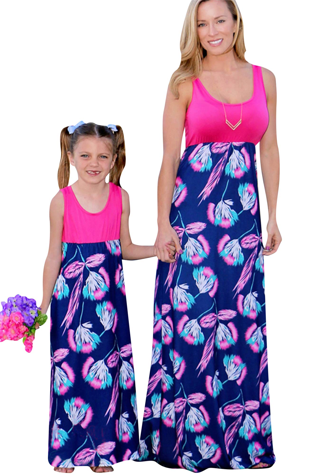 YMING Mommy and Daughter Matching Dresses Parent Child Sleeveless Outfits Floral Printed Dress
