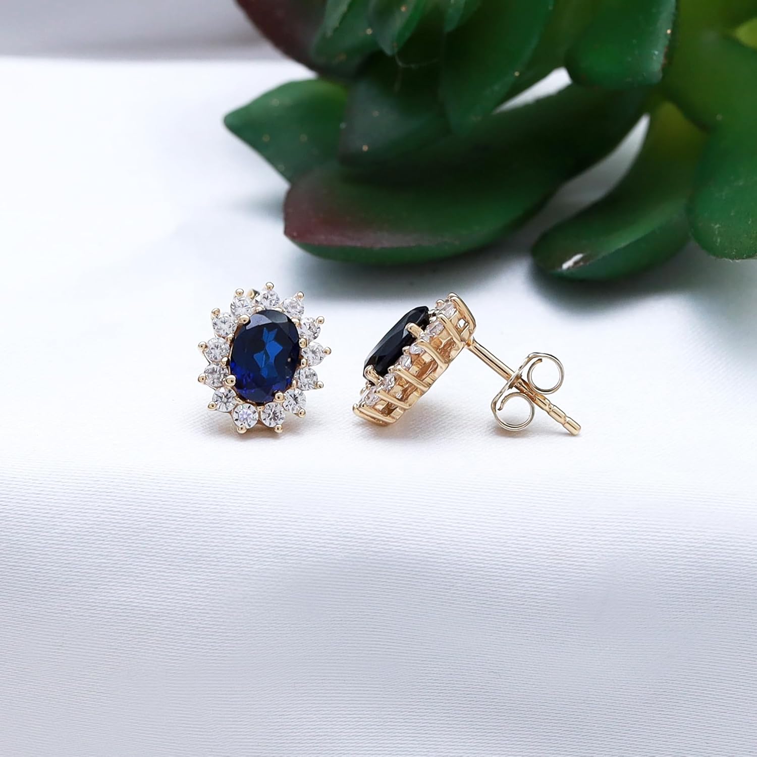 Oval Halo Birthstone Stud Earrings for Women, Simulated Gemstone with White Cubic Zirconia in 14K Gold Plated 925 Sterling Silver with Push Back – Elegant Jewelry Gift for Her