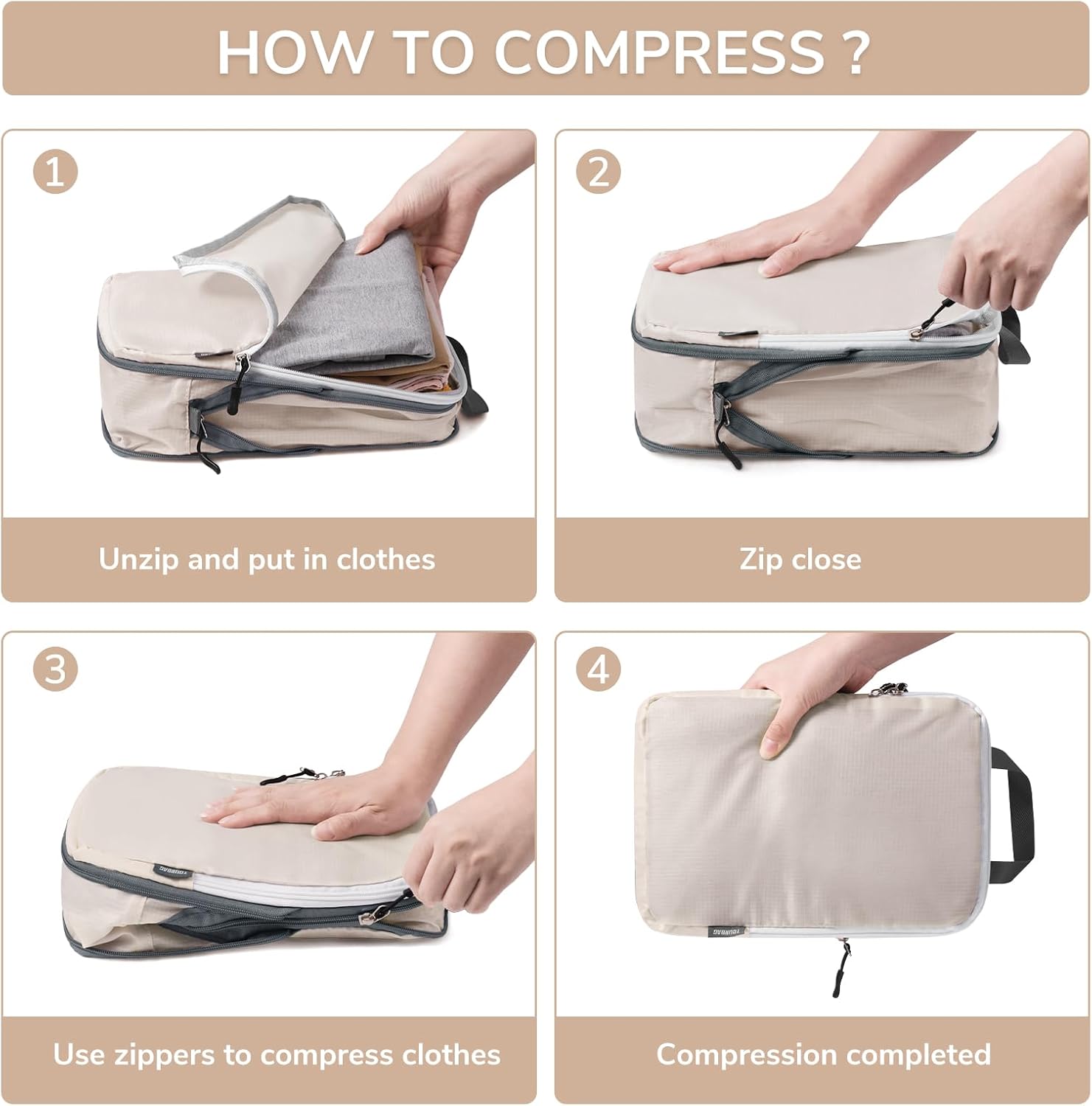 CherryNow Compression Packing Cubes, 7 Set Packing Cubes for Travel Women, Travel Essentials for Backpack, Beige - Image 3