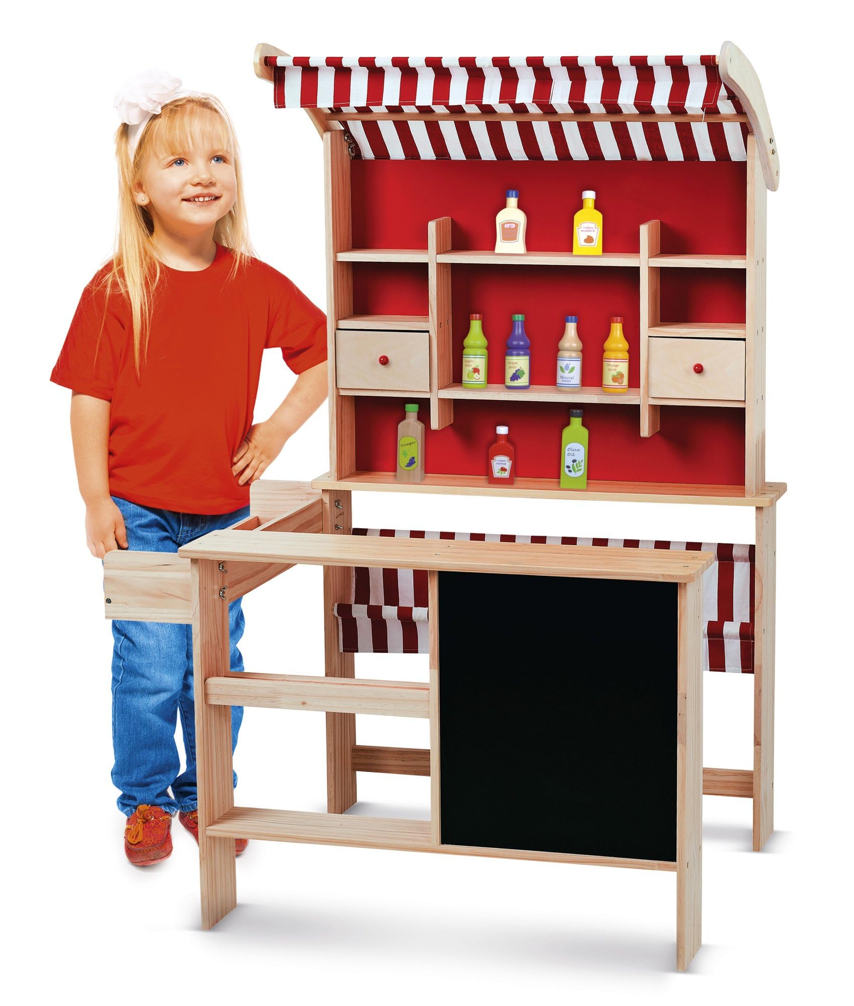 Market in Legno per Bambini con Banco Vendita e Accessori Alimentari, Lavagna con Gesso e Tenda Negozio Gioco di Ruolo Educativo Stabile Sicuro Struttura Robusta 84x64x117 cm Regalo Bambini 3