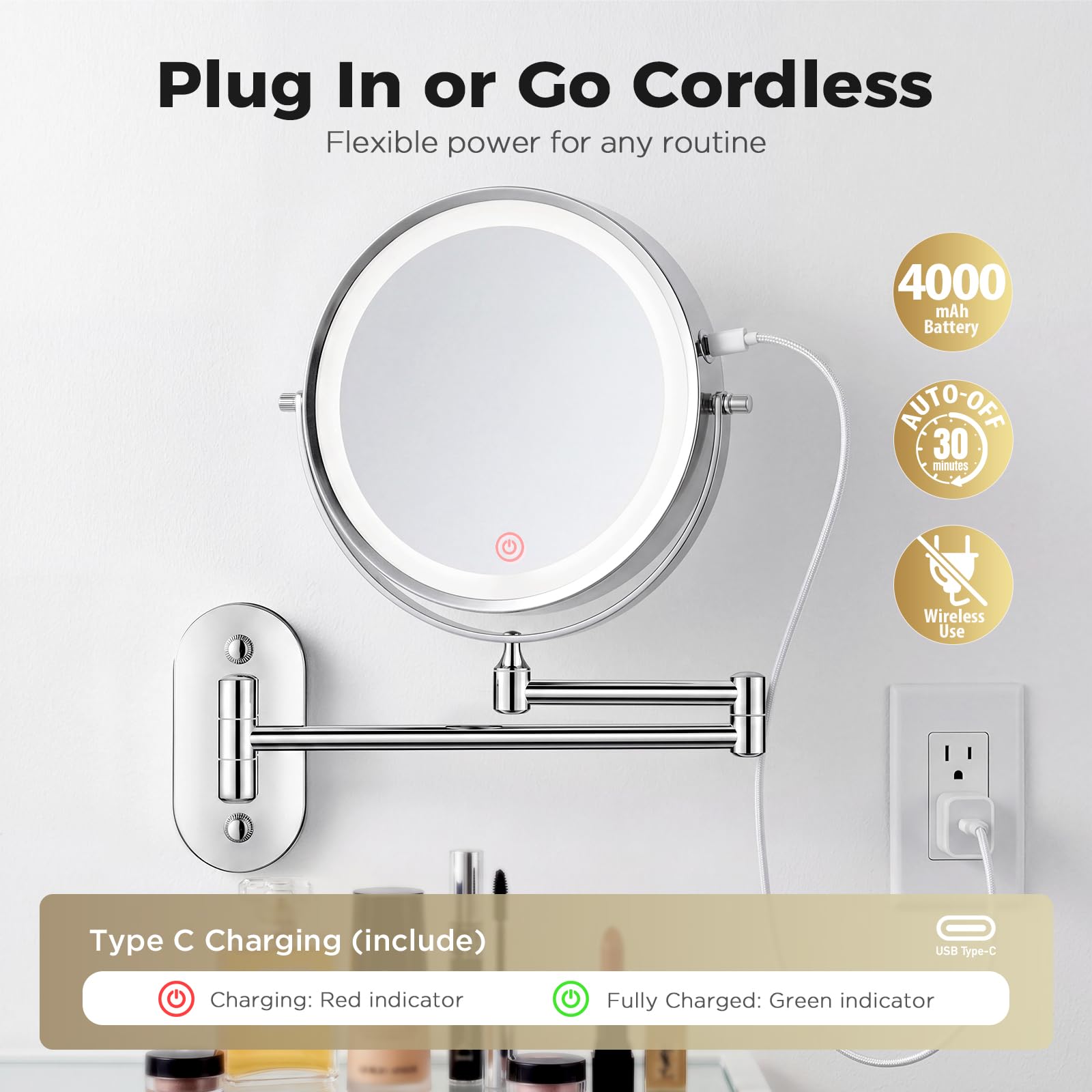 Wall Mounted Makeup Mirror, 8-Inch Double-Sided LED Mirror with 1X/30X Magnification