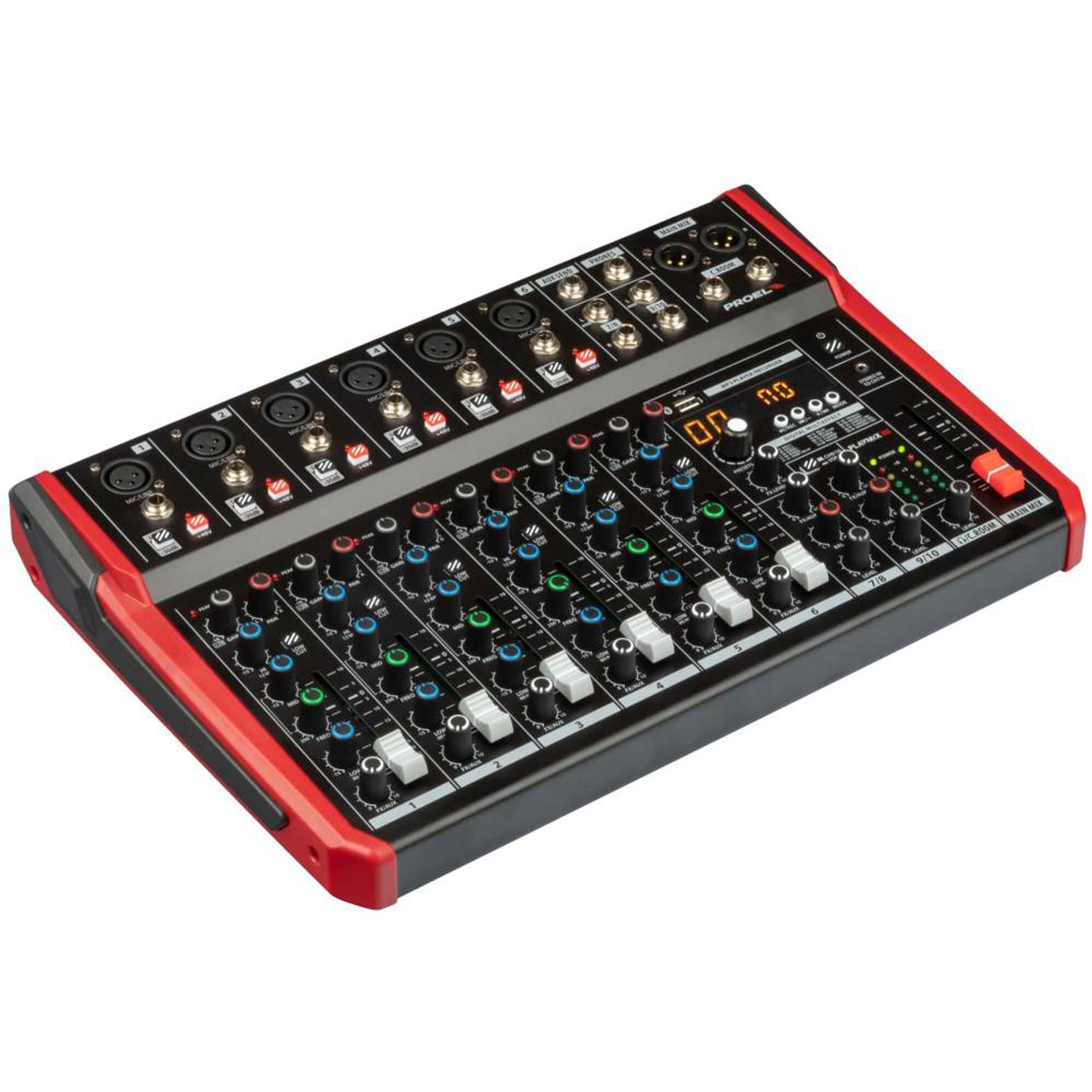 Proel PLAYMIX10 - Mixer audio a 10 ingressi con modulo bluetooth, lettore MP3 e Registrazione stereo su USB, Nero rifiniture in Rosso