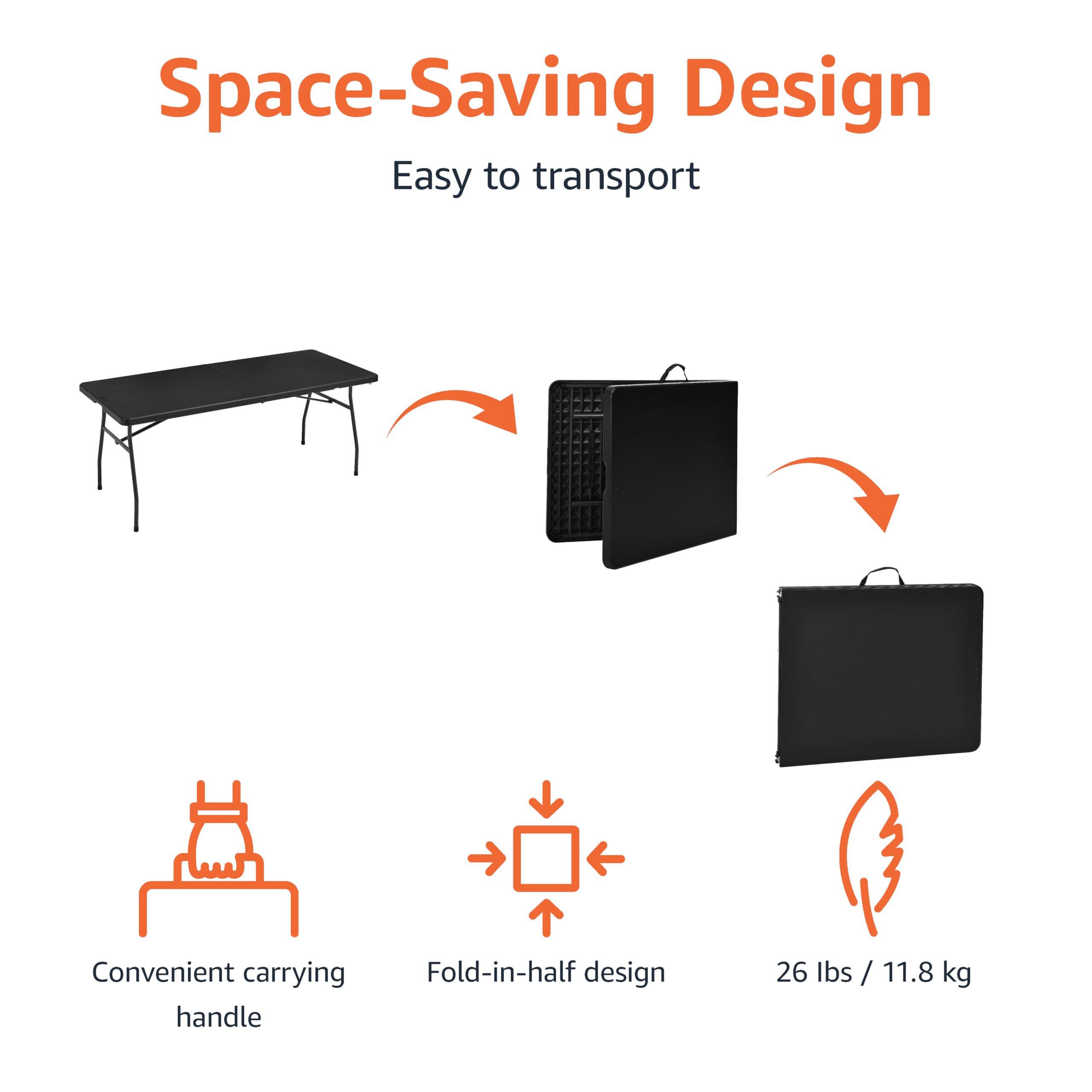 Amazon Basics Prostokątny stół składany z uchwytem do przenoszenia, do użytku wewnątrz i na zewnątrz, przenośny, lekki, stół turystyczny, piknik, kemping, czarny, 182cm x 75cm x 73cm