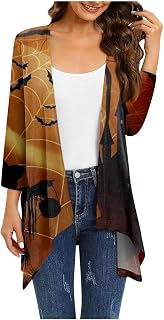 ZZSNWWL Halloween Long Cardigan For Women Irregular Hem Witches Bat Cat Pumpkin Printed Thin Ladies Autumn Coat Cardigan Comfortable Plus Size Three-Quarter Sleeve Coat Sports Gym Tops Jacket