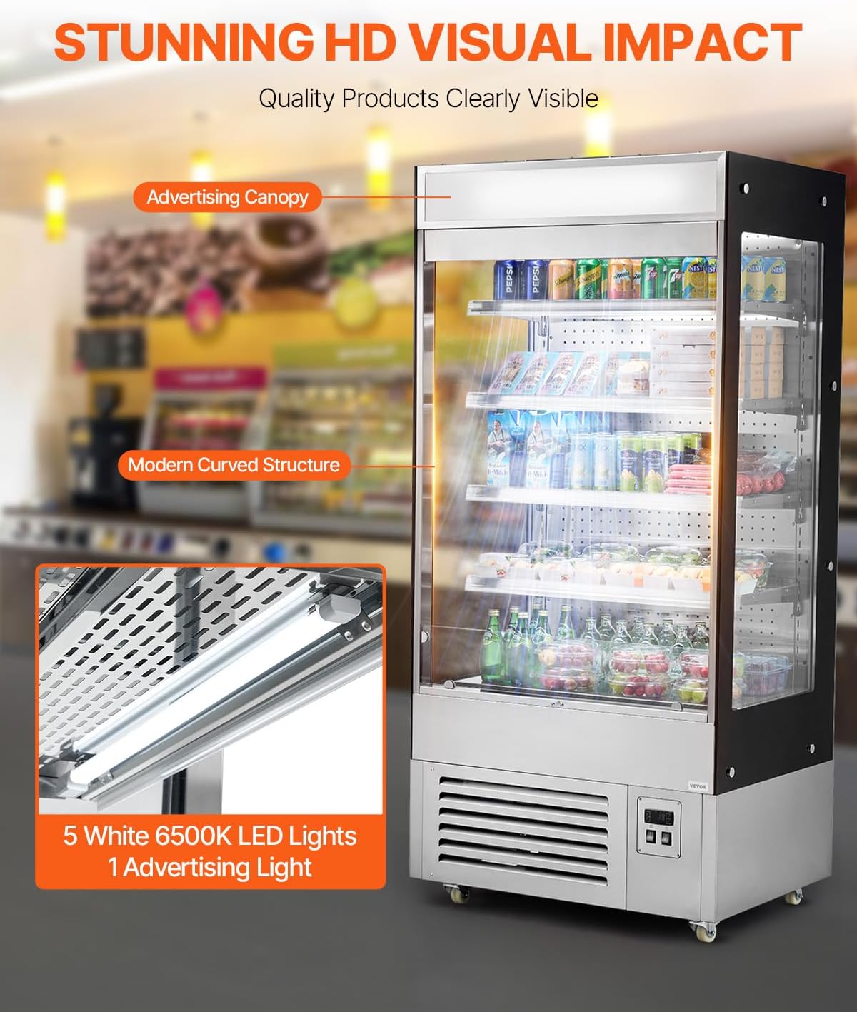VEVOR Open Air Merchandiser, 4-Tier Shelving Commercial Refrigerator, Grab and Go Display Cooler Refrigerator with Air Curtain, LED Advertising Light, Fits for Restaurants, Stores, Office, 18.4cu.ft.