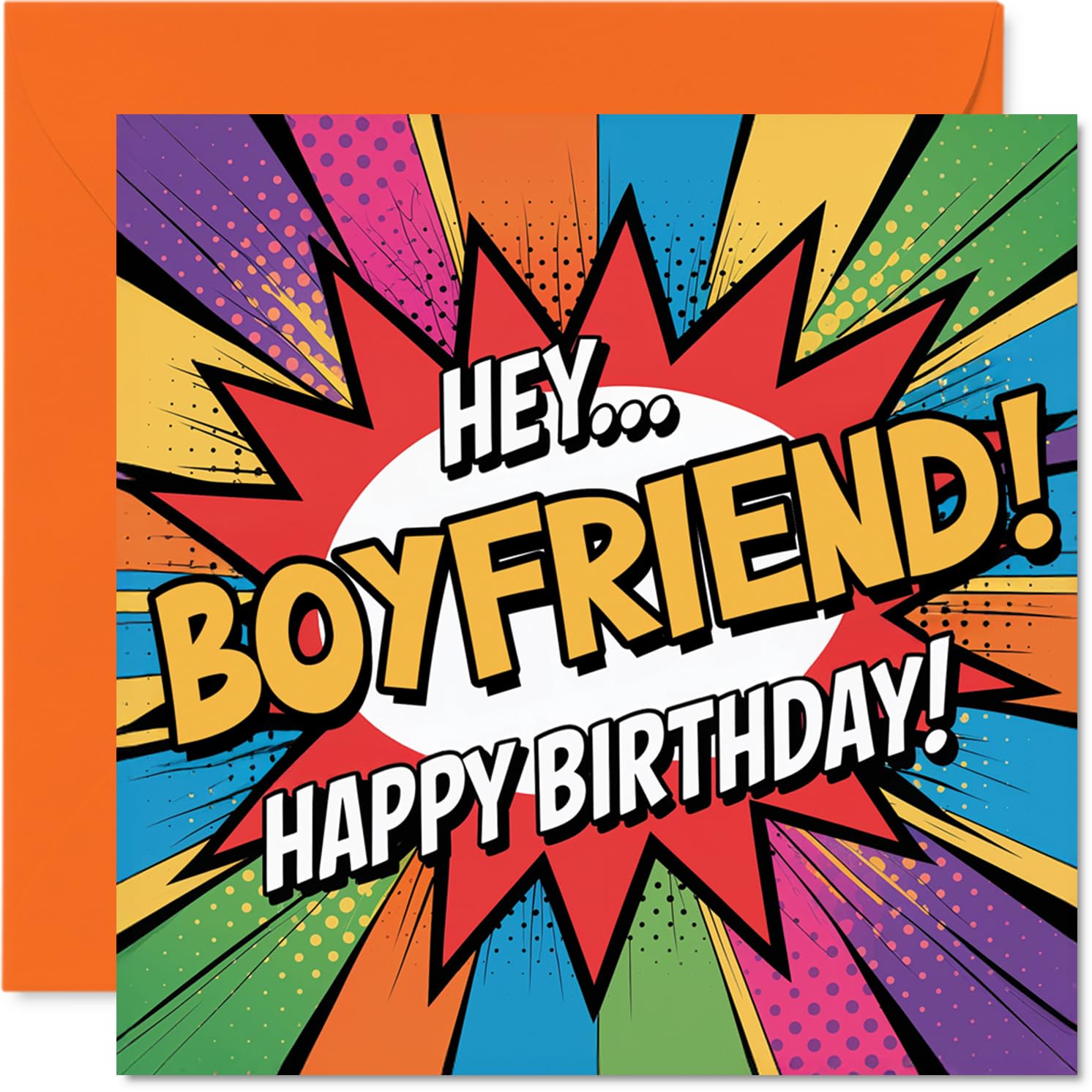 Playful Birthday Card for Boyfriend - Comic-style Birthday Vibes - Bold Multicolour Design with Cheeky 'HEY... BOYFRIEND!' - 145mm Square, Envelope Included