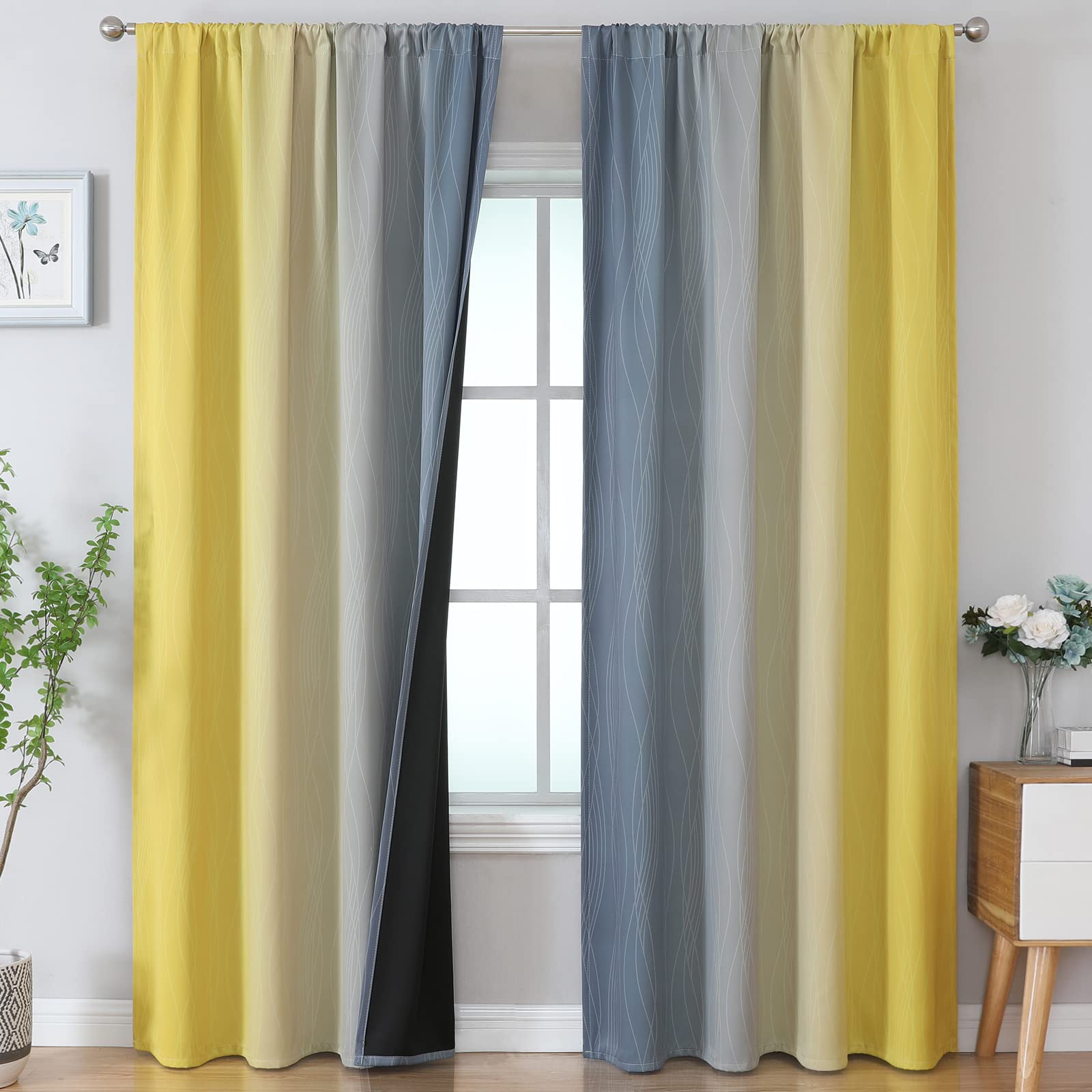Estelar Textiler Yellow and Grey Blackout Curtains for Bedroom, Light Blocking Two Tone Gradient Drapes with Wave Line Pattern, Room Darkening Rod
