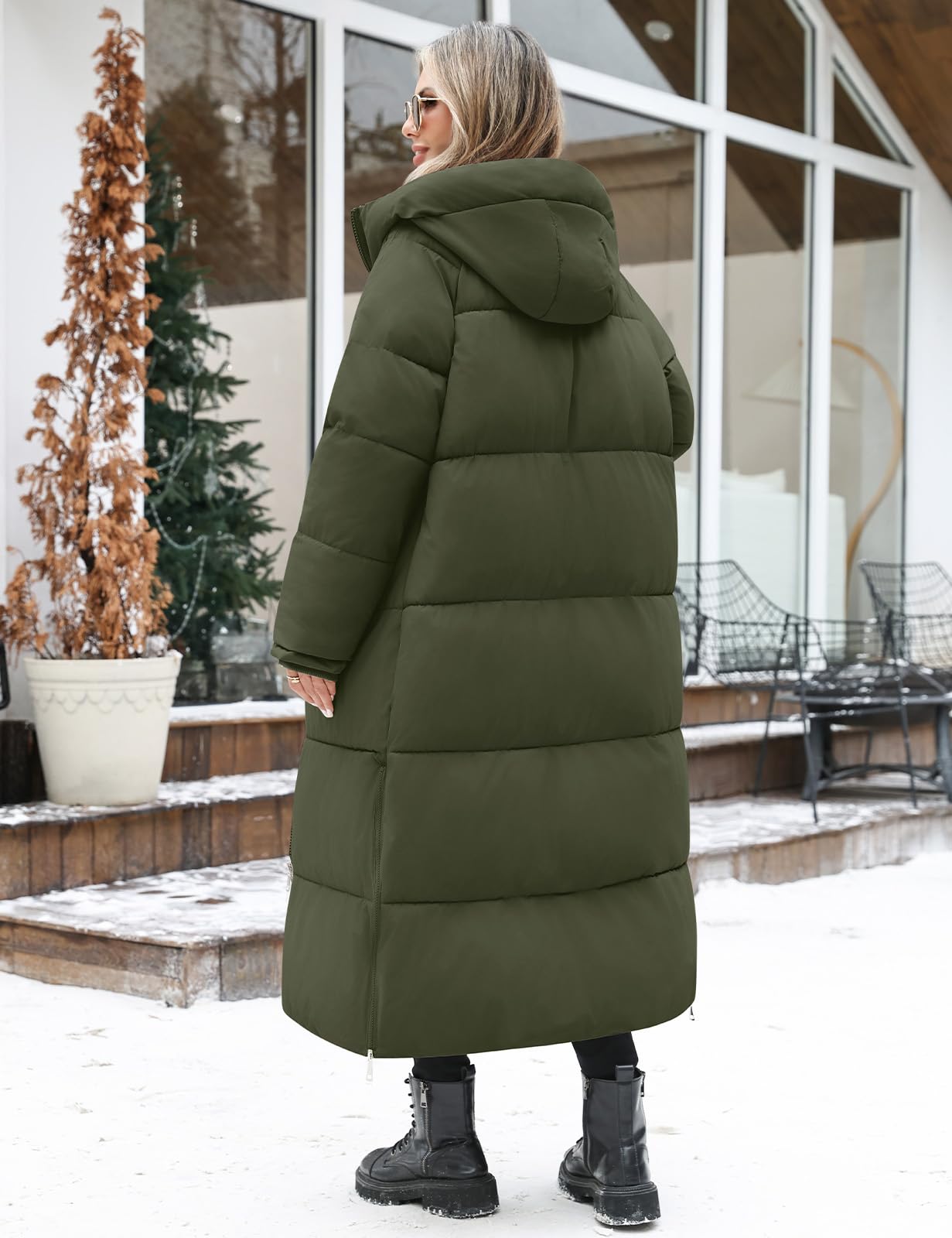 Vancavoo Abrigo Acolchado Mujer Invierno Chaqueta con Capucha | Parka Cálida con Cremallera de Doble Cursor, Aberturas Laterales con Zip y Bolsillos Laterales