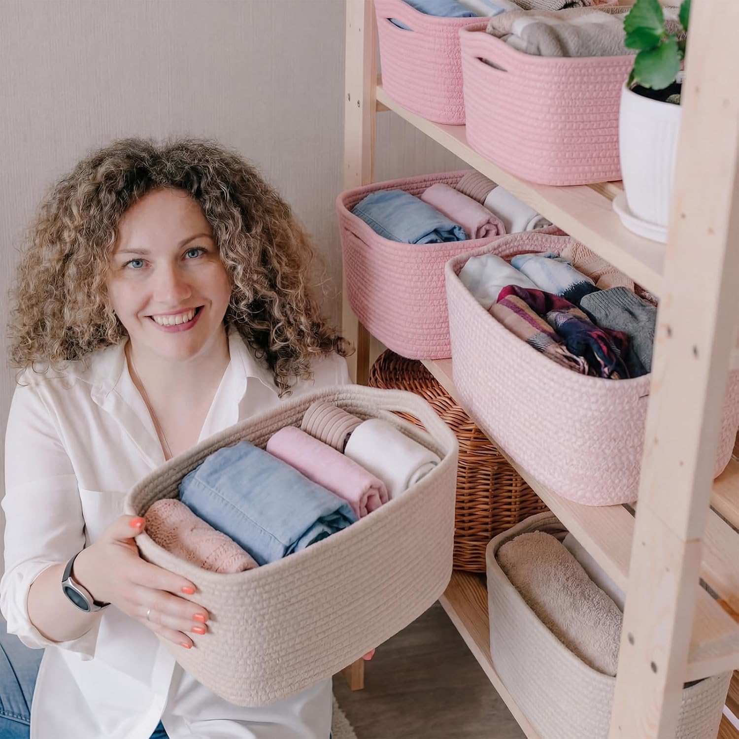 Junkin 3 Pack Pink White Baskets with Handles Rectangle Cotton Rope Storage Shelf Organizer Nursery Storage Bin Diaper Caddy Organizer for Baby Shower Closet Bedroom Registry, 15 x 10 x 8.7 Inch