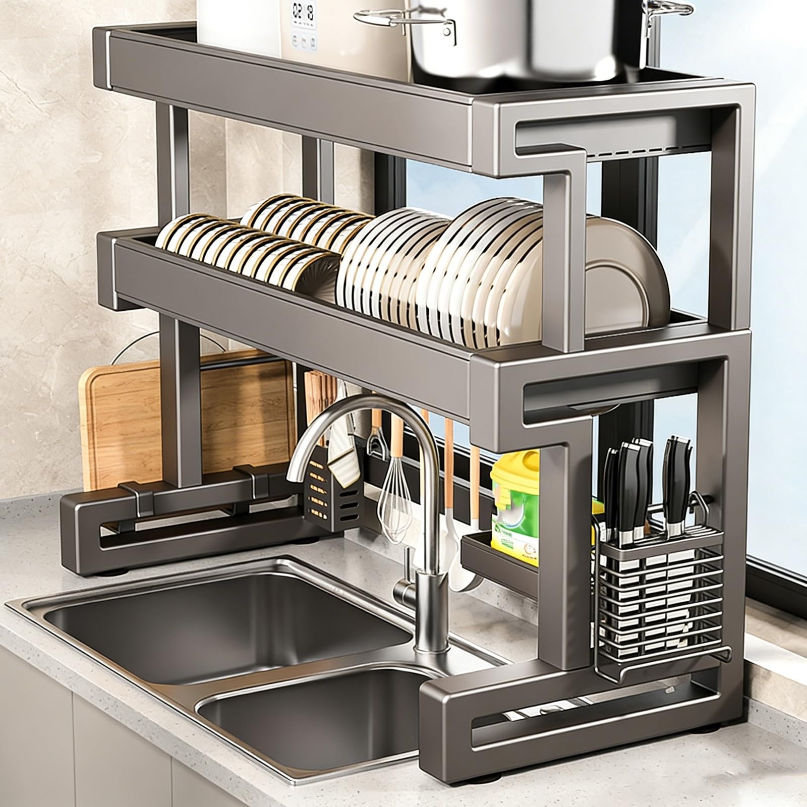 Escurridor de platos de acero inoxidable de 2 niveles para almacenamiento y organización eficientes, se adapta a platos, vasos, cuencos y cubiertos