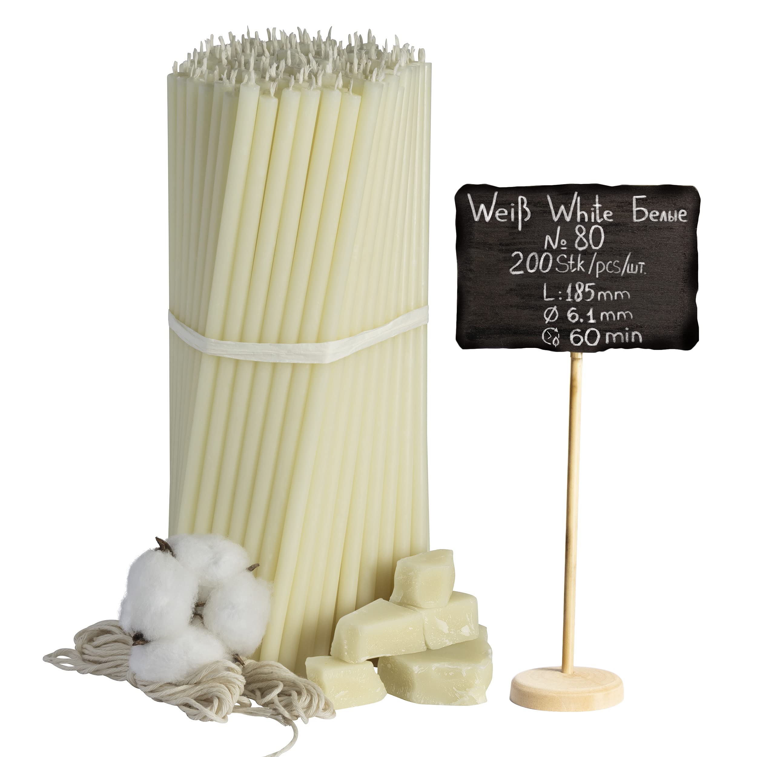 Diveevo 200 Stück Weiße Bienenwachs Kerzen - Orthodoxe Kerzen für Gebet, Rituale, Tischdeko Hochzeit - Ungiftig, Ruß - Tropffrei, Lang, Nachhaltig, N80, Höhe: 18,5 cm, Ø 6,1 mm