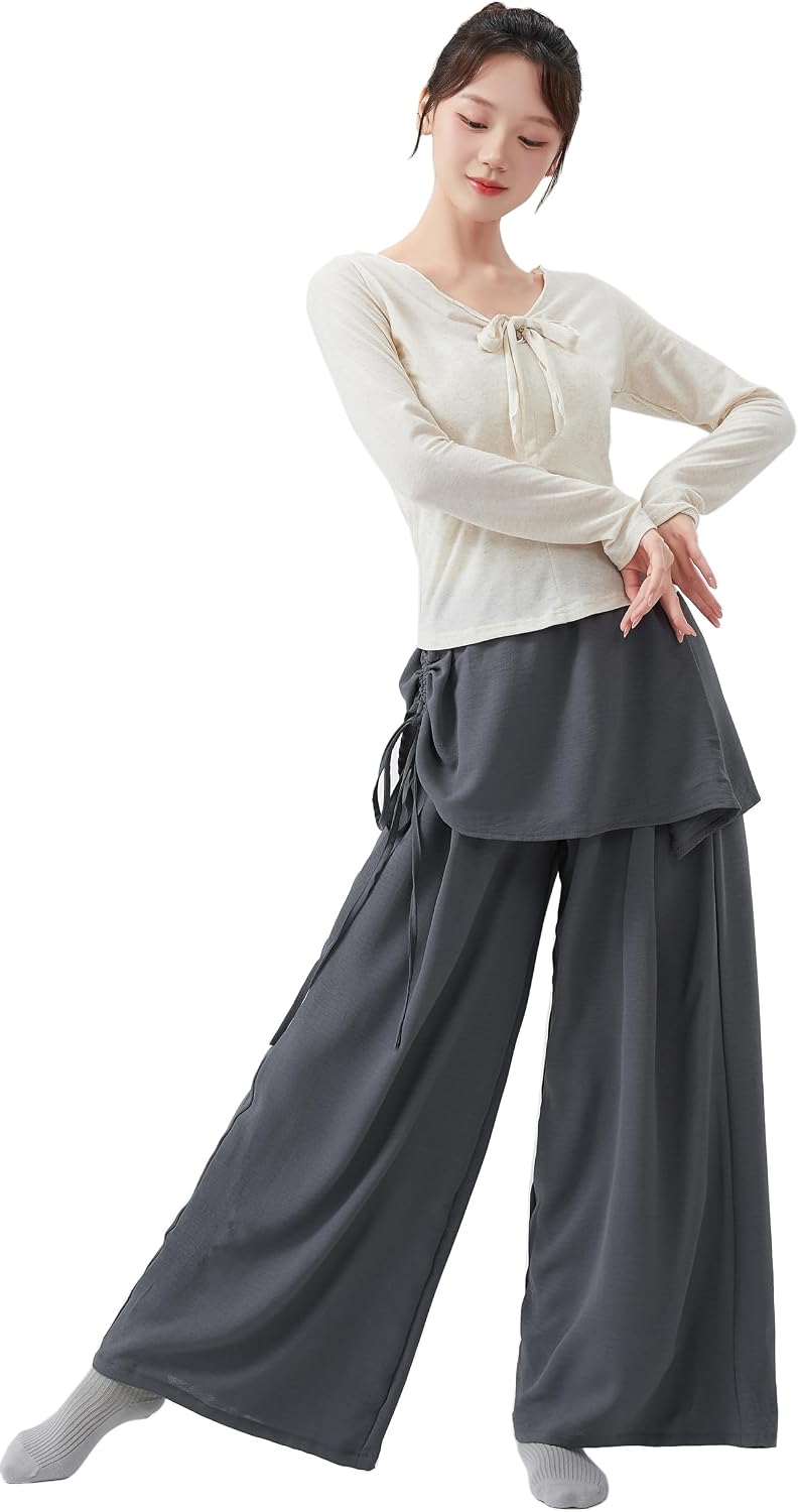 Angcoco Women‘s Fake Two Piece Drawstring Straight Leg Pants Skirt Dance Pants