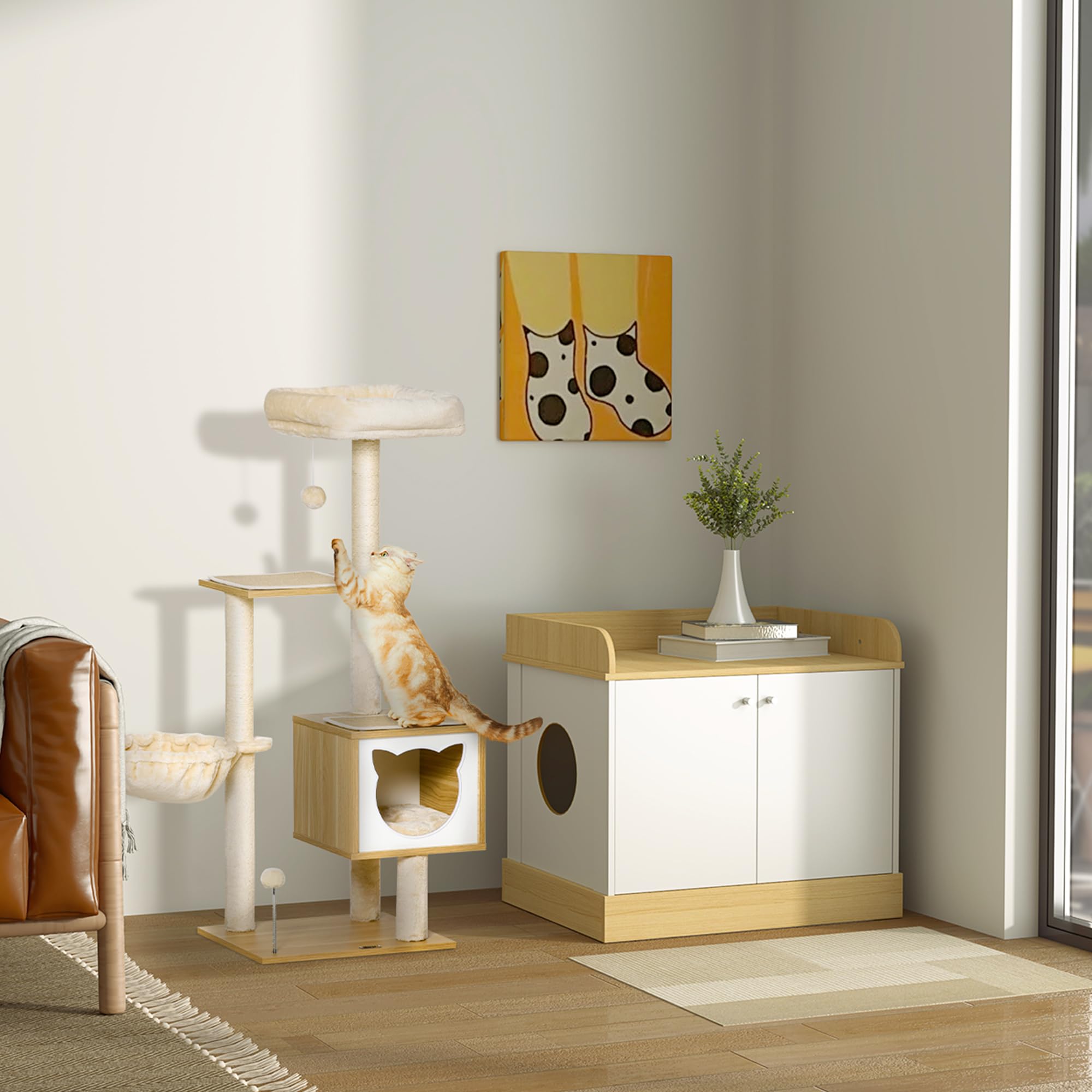PawHut Tiragraffi per Gatti con 2 Pali 48x40x126 cm Beige e Color Legno | Casetta, Amaca, Lettino, 2 Palline Giocattolo, Albero per Gatti in Legno, Peluche e Sisal